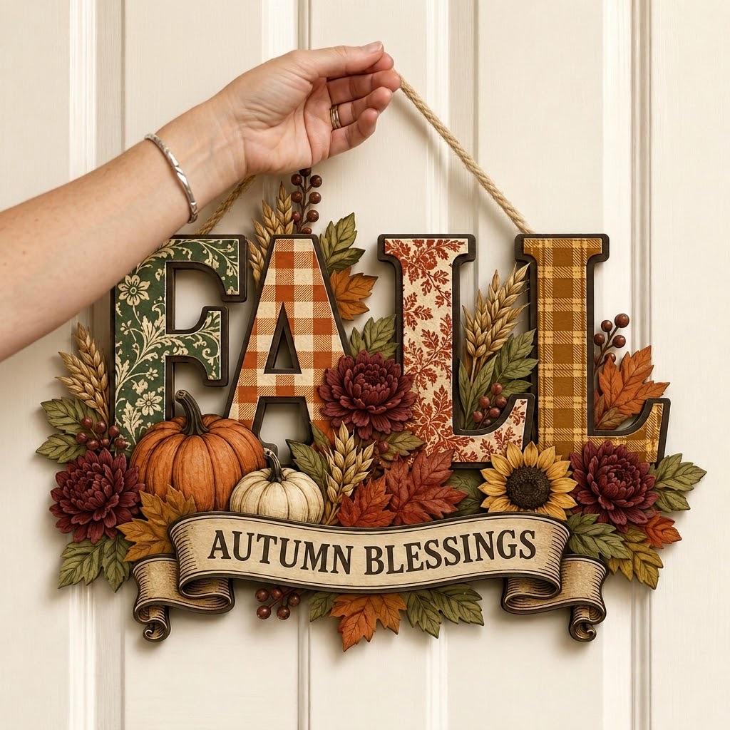 Autumn Blessings Pumpkin Sunflower Wood Fall Door Hanger Sign – Rustic Thanksgiving Wreath Decor for Front Door - photo 3