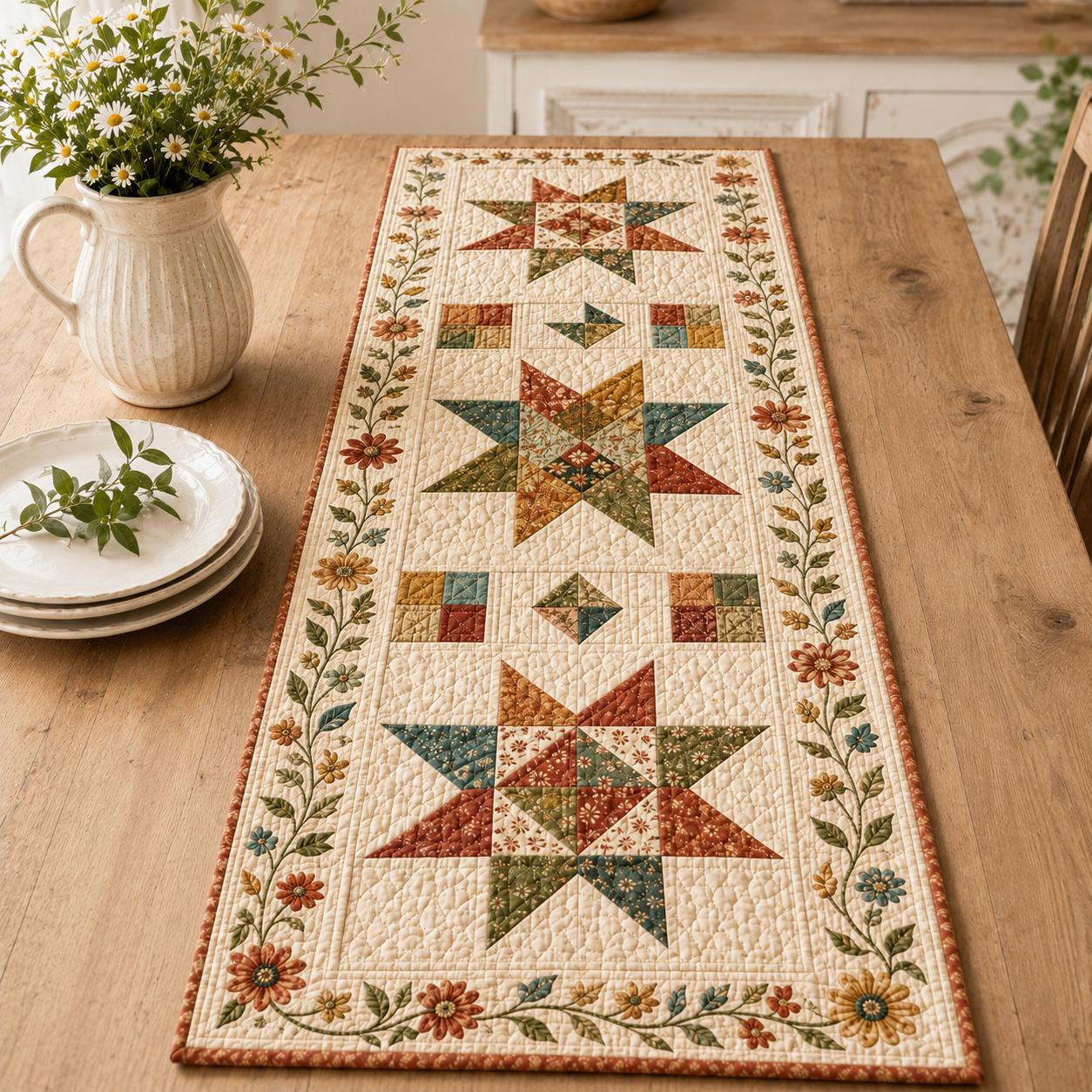 Floral Star Quilted Style Table Runner – Patchwork Botanical Farmhouse Table Decor and Americana Farmhouse Decor