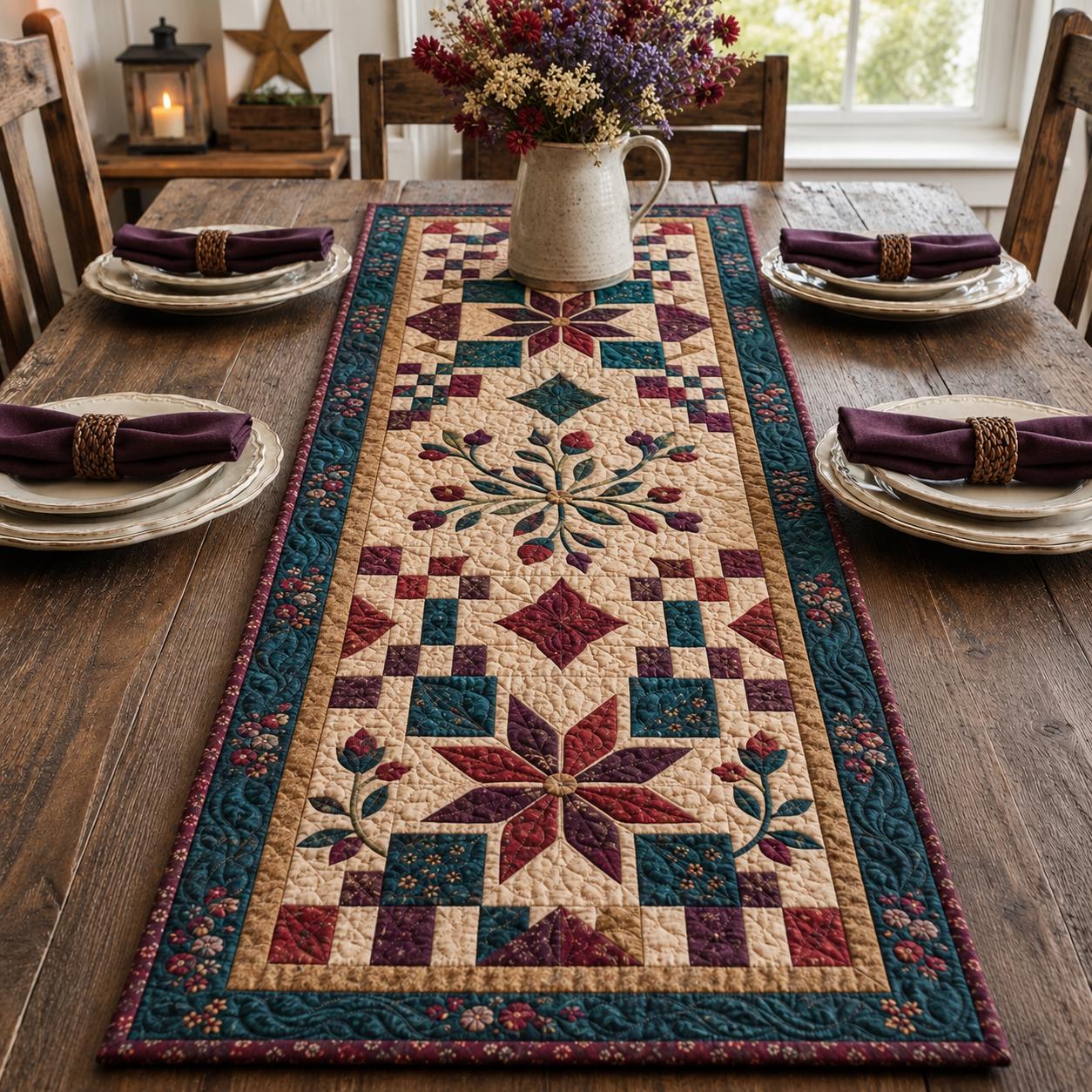 Floral Star Quilted Style Table Runner – Patchwork Botanical Farmhouse Table Decor and Americana Farmhouse Decor - photo 2