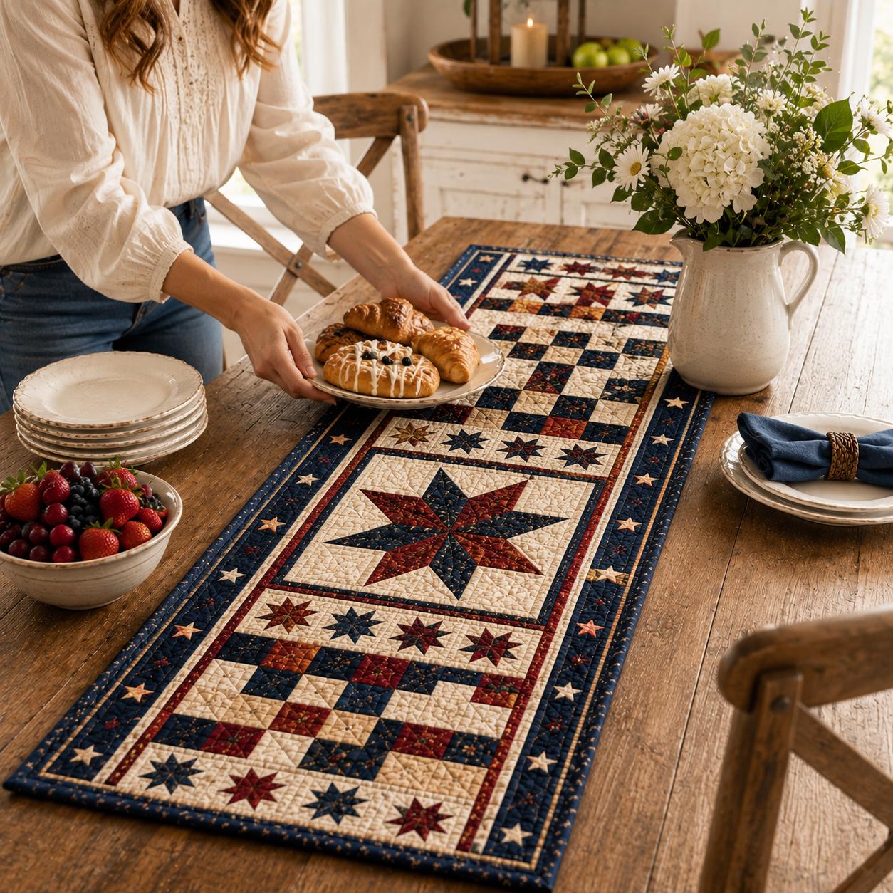 Floral Star Quilted Style Table Runner – Patchwork Botanical Farmhouse Table Decor and Americana Farmhouse Decor - photo 3