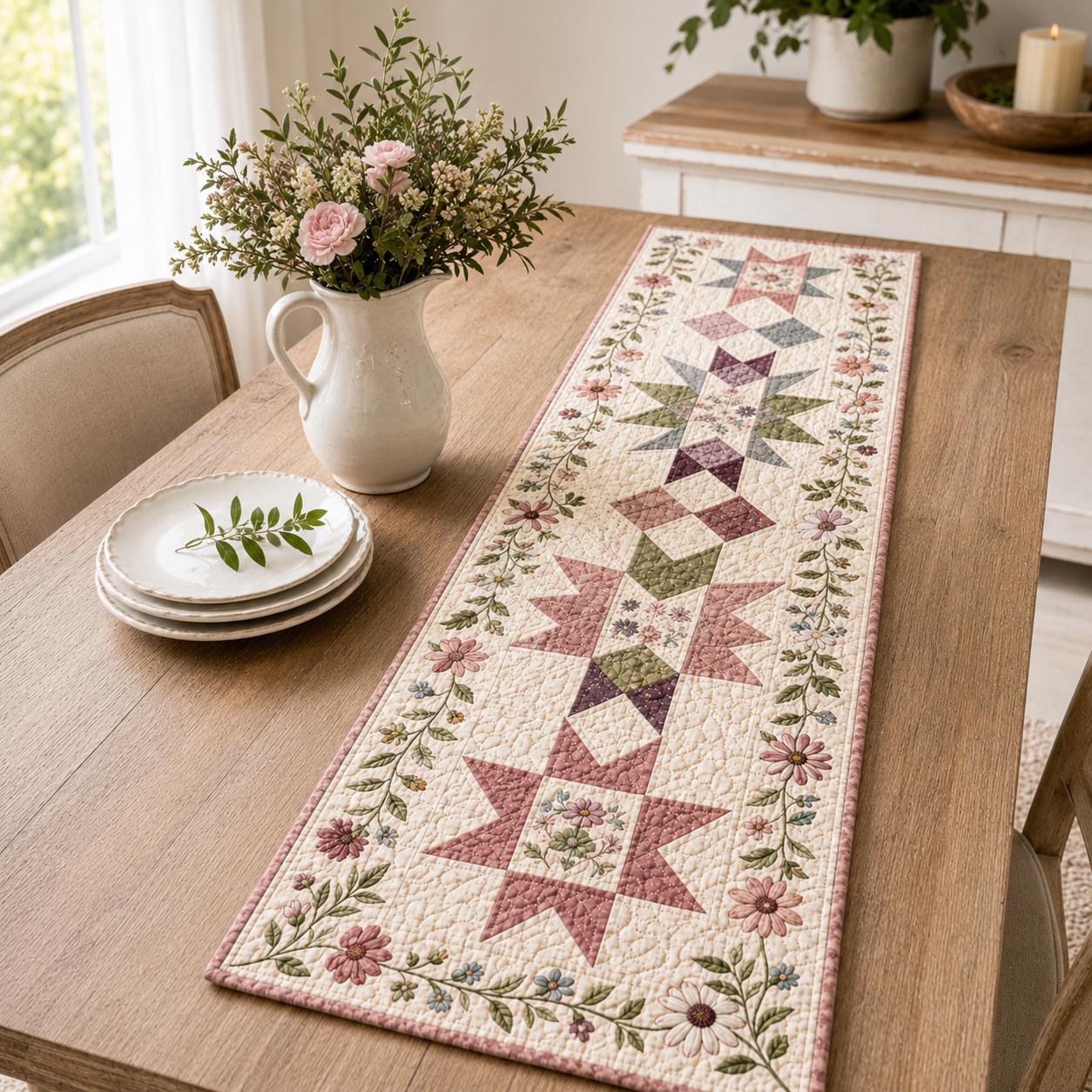 Floral Star Quilted Style Table Runner – Patchwork Botanical Farmhouse Table Decor and Americana Farmhouse Decor - photo 4