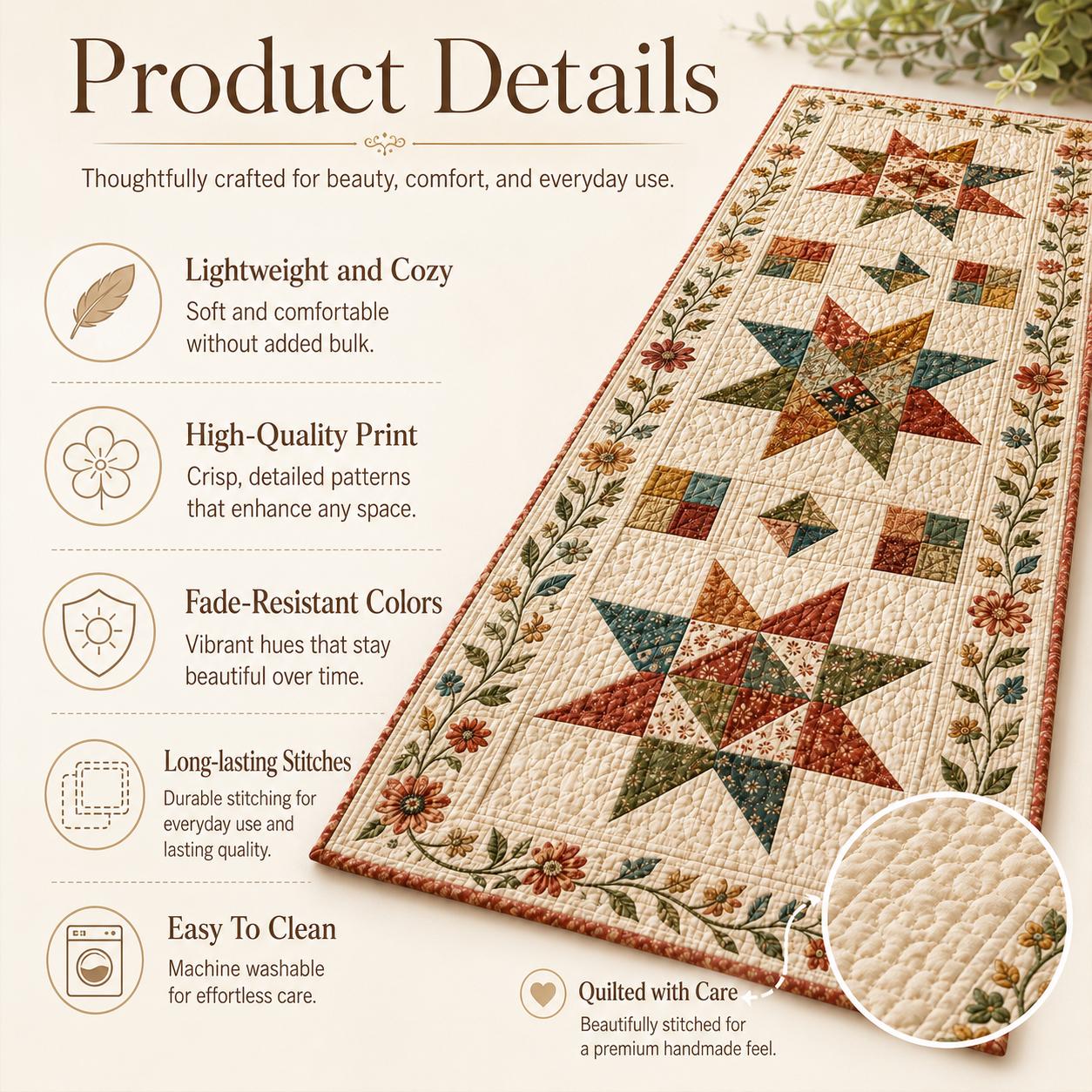 Floral Star Quilted Style Table Runner – Patchwork Botanical Farmhouse Table Decor and Americana Farmhouse Decor - photo 7