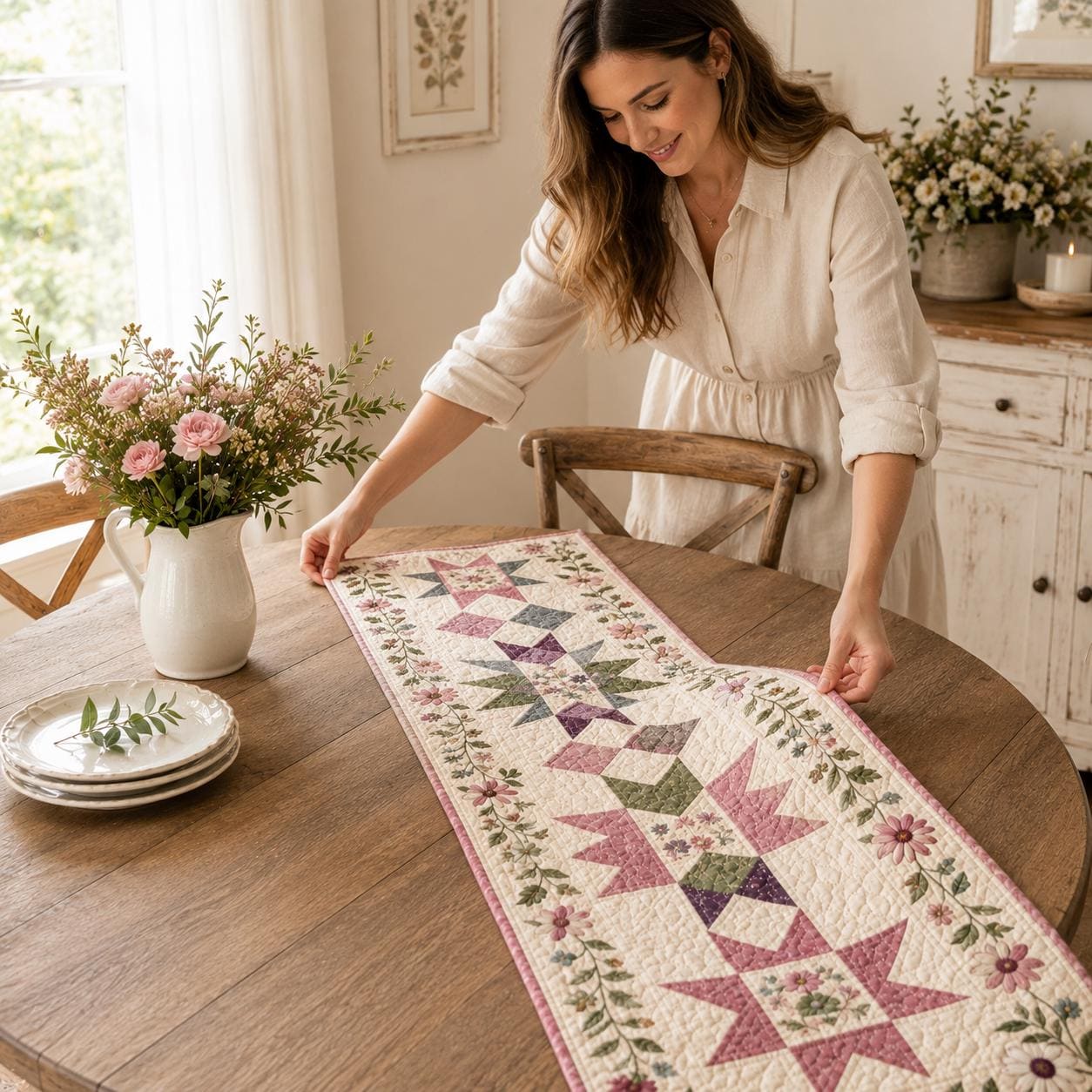 Floral Star Quilted Style Table Runner – Patchwork Botanical Farmhouse Table Decor and Americana Farmhouse Decor - photo 8