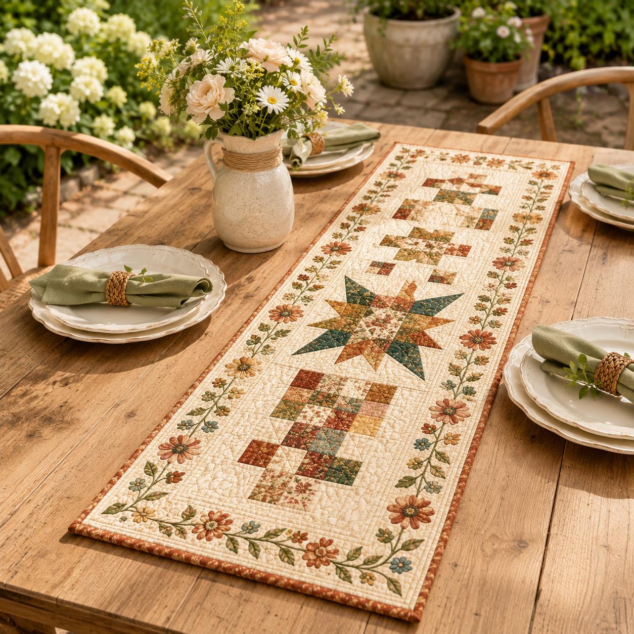 Floral Star Quilted Style Table Runner – Patchwork Botanical Farmhouse Table Decor and Americana Farmhouse Decor - photo 9
