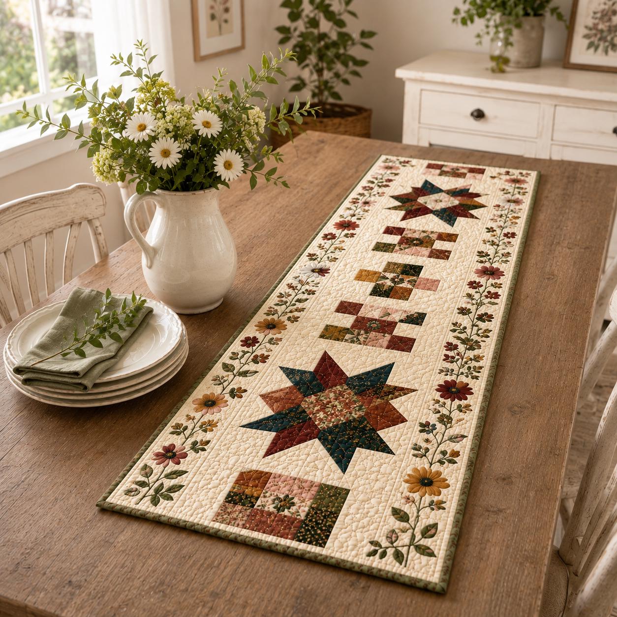 Floral Star Quilted Style Table Runner – Patchwork Botanical Farmhouse Table Decor and Americana Farmhouse Decor - photo 10