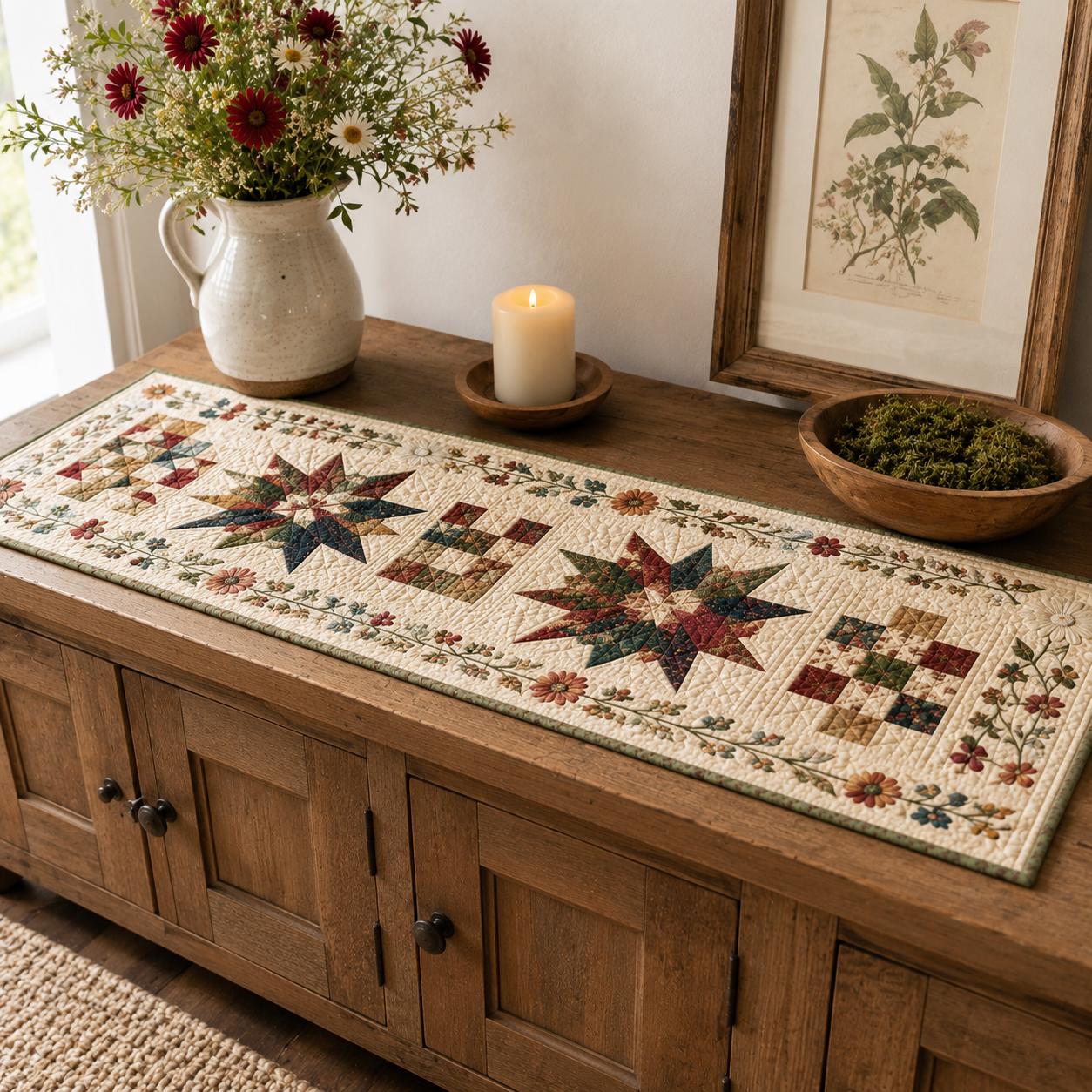Floral Star Quilted Style Table Runner – Patchwork Botanical Farmhouse Table Decor and Americana Farmhouse Decor - photo 11