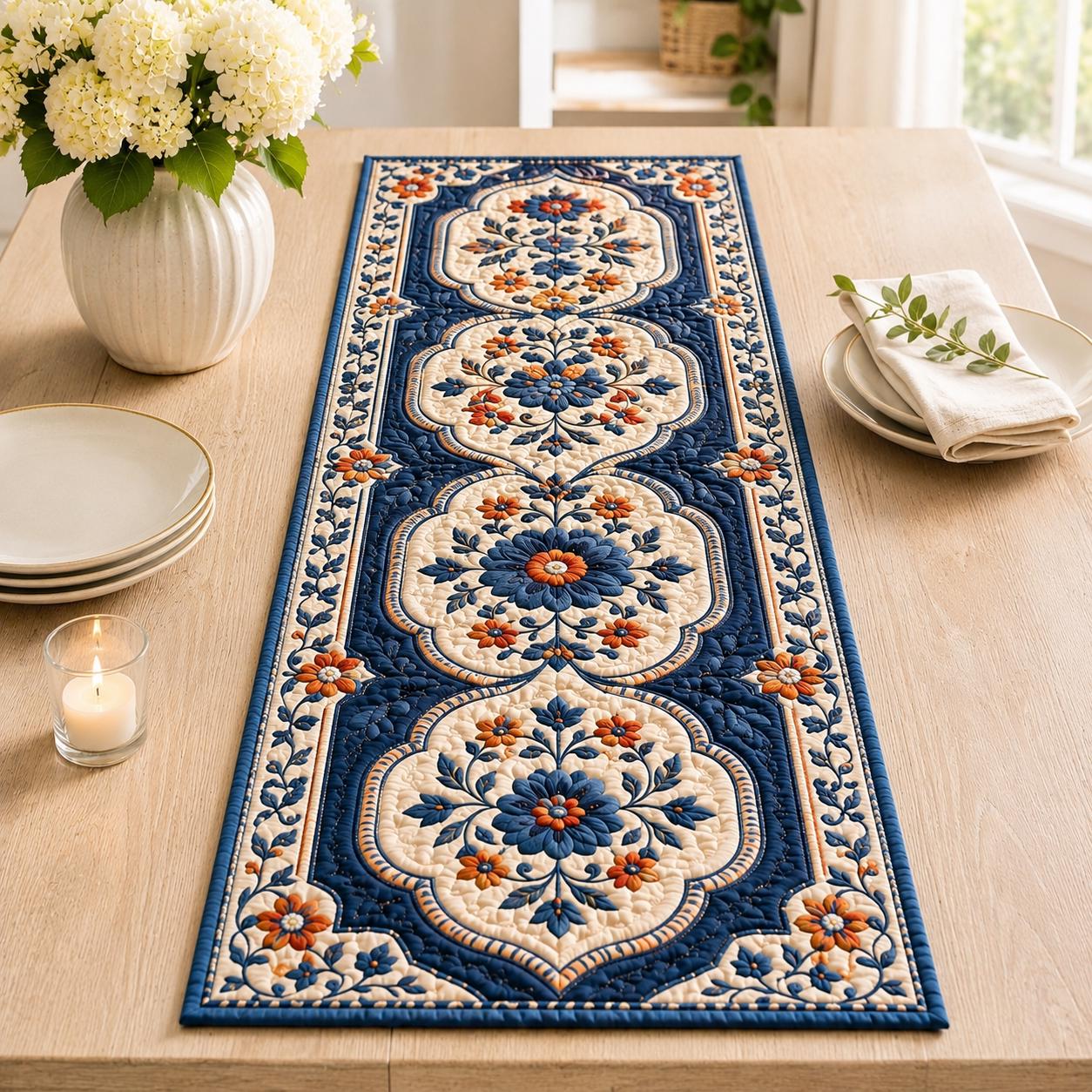 Blue Floral Quilted Style Patchwork Table Runner – Folk Art Botanical Farmhouse Home Decor