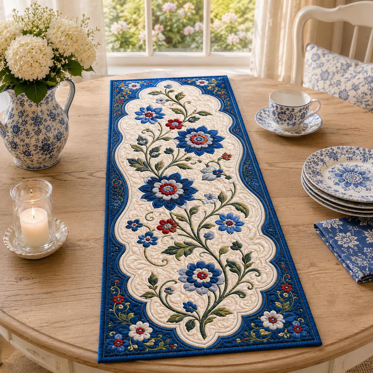 Blue Floral Quilted Style Patchwork Table Runner – Folk Art Botanical Farmhouse Home Decor - photo 2