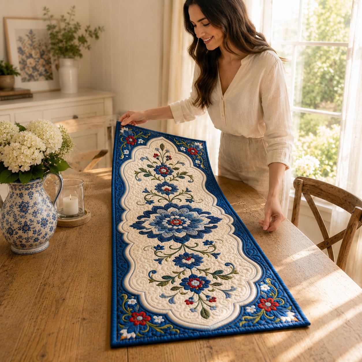 Blue Floral Quilted Style Patchwork Table Runner – Folk Art Botanical Farmhouse Home Decor - photo 3
