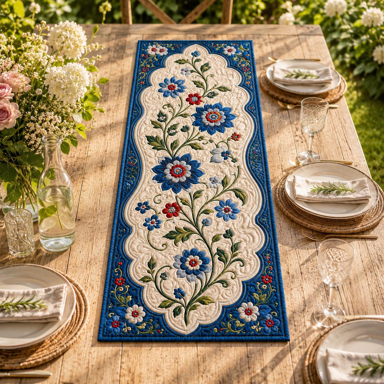 Blue Floral Quilted Style Patchwork Table Runner – Folk Art Botanical Farmhouse Home Decor - photo 6