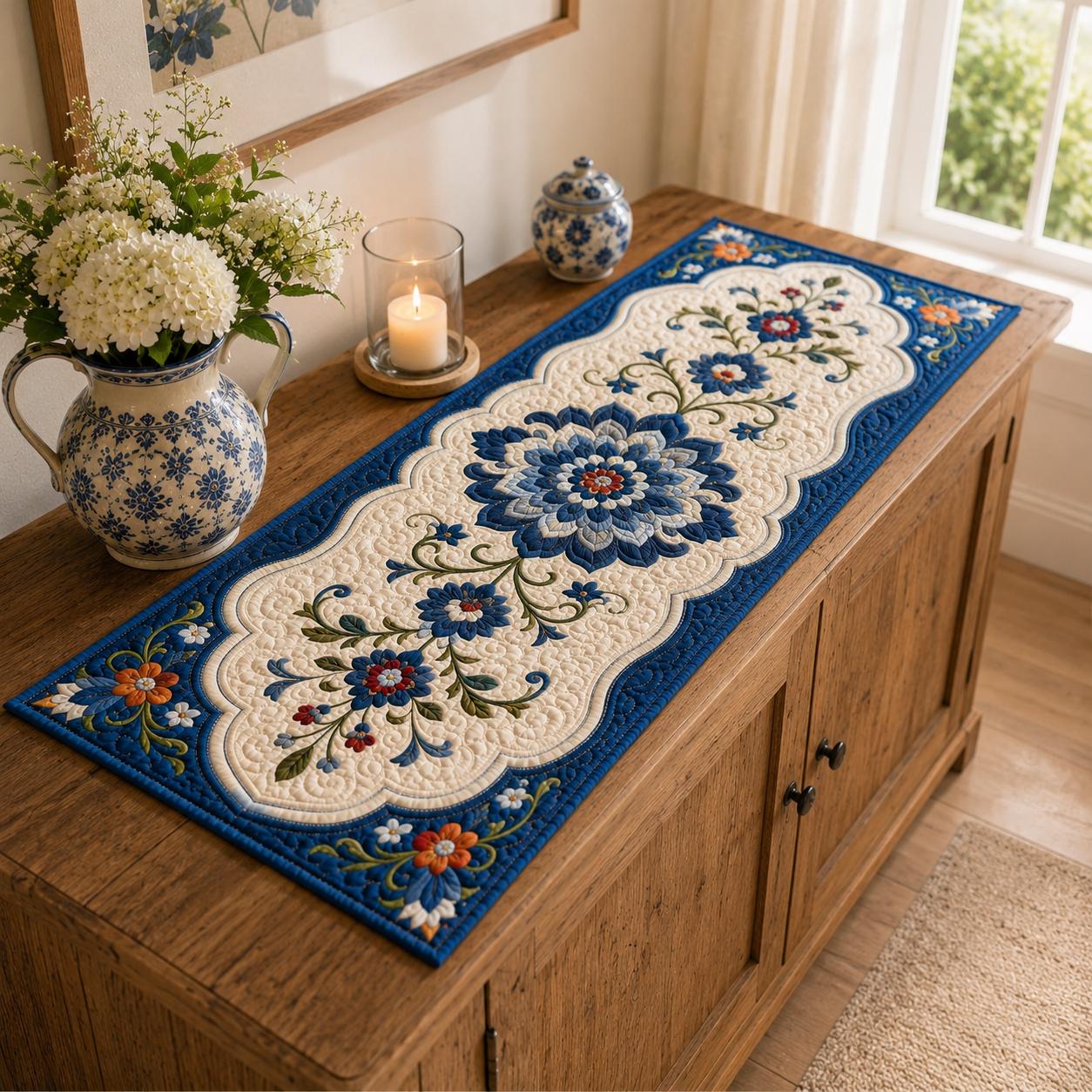 Blue Floral Quilted Style Patchwork Table Runner – Folk Art Botanical Farmhouse Home Decor - photo 7