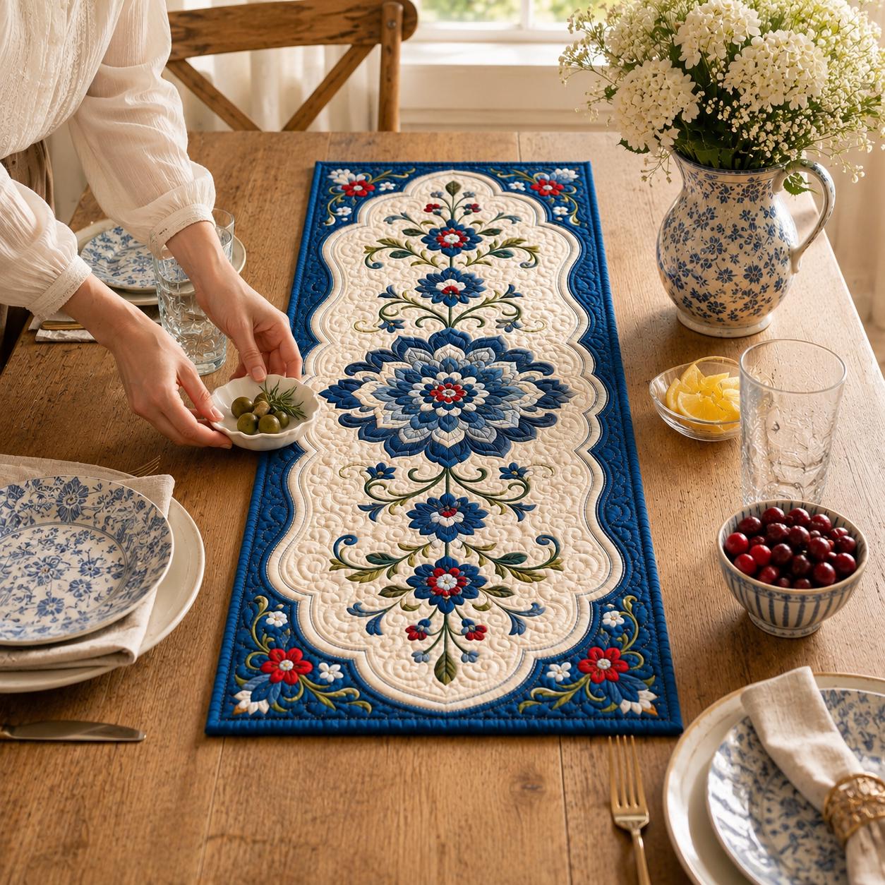 Blue Floral Quilted Style Patchwork Table Runner – Folk Art Botanical Farmhouse Home Decor - photo 8