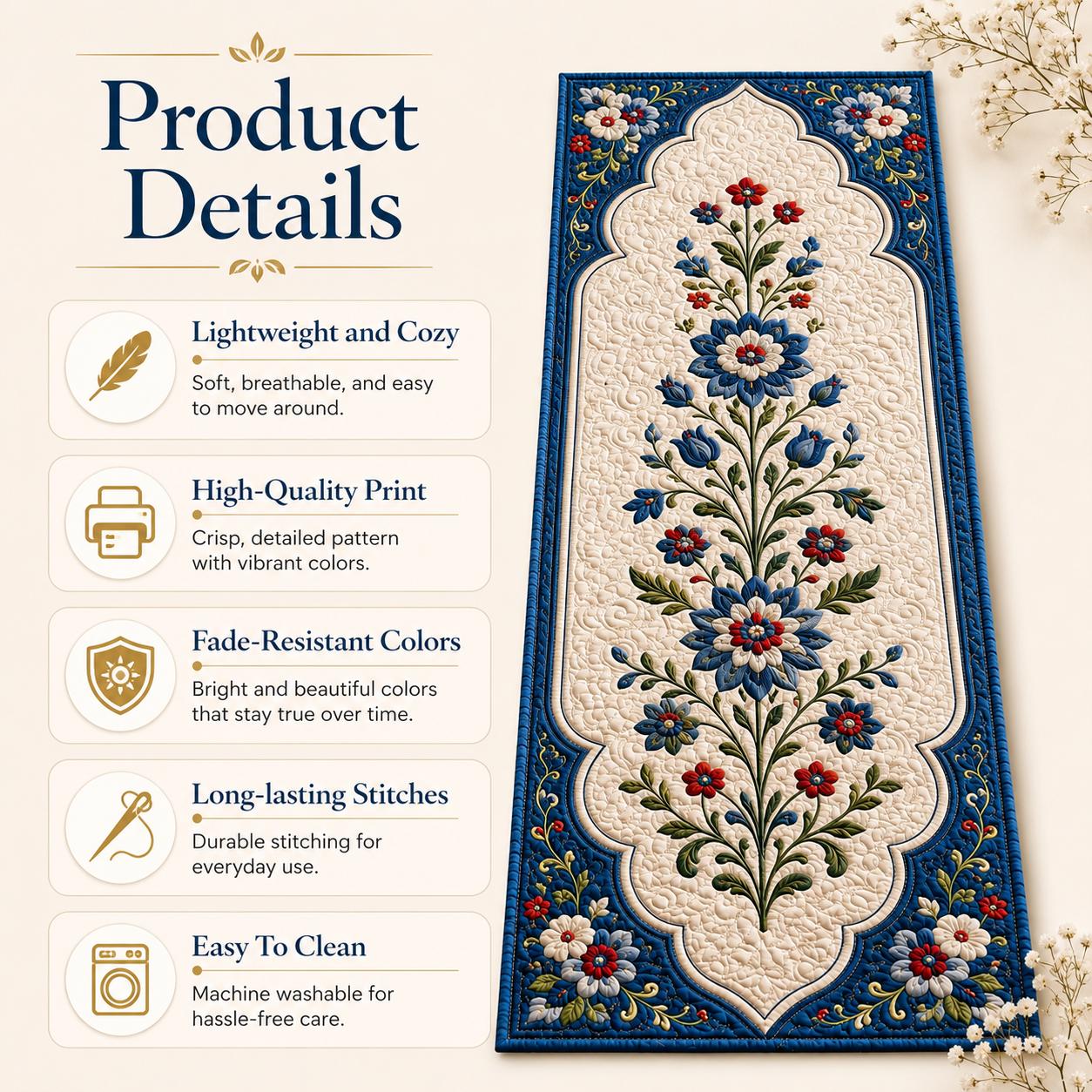Blue Floral Quilted Style Patchwork Table Runner – Folk Art Botanical Farmhouse Home Decor - photo 9