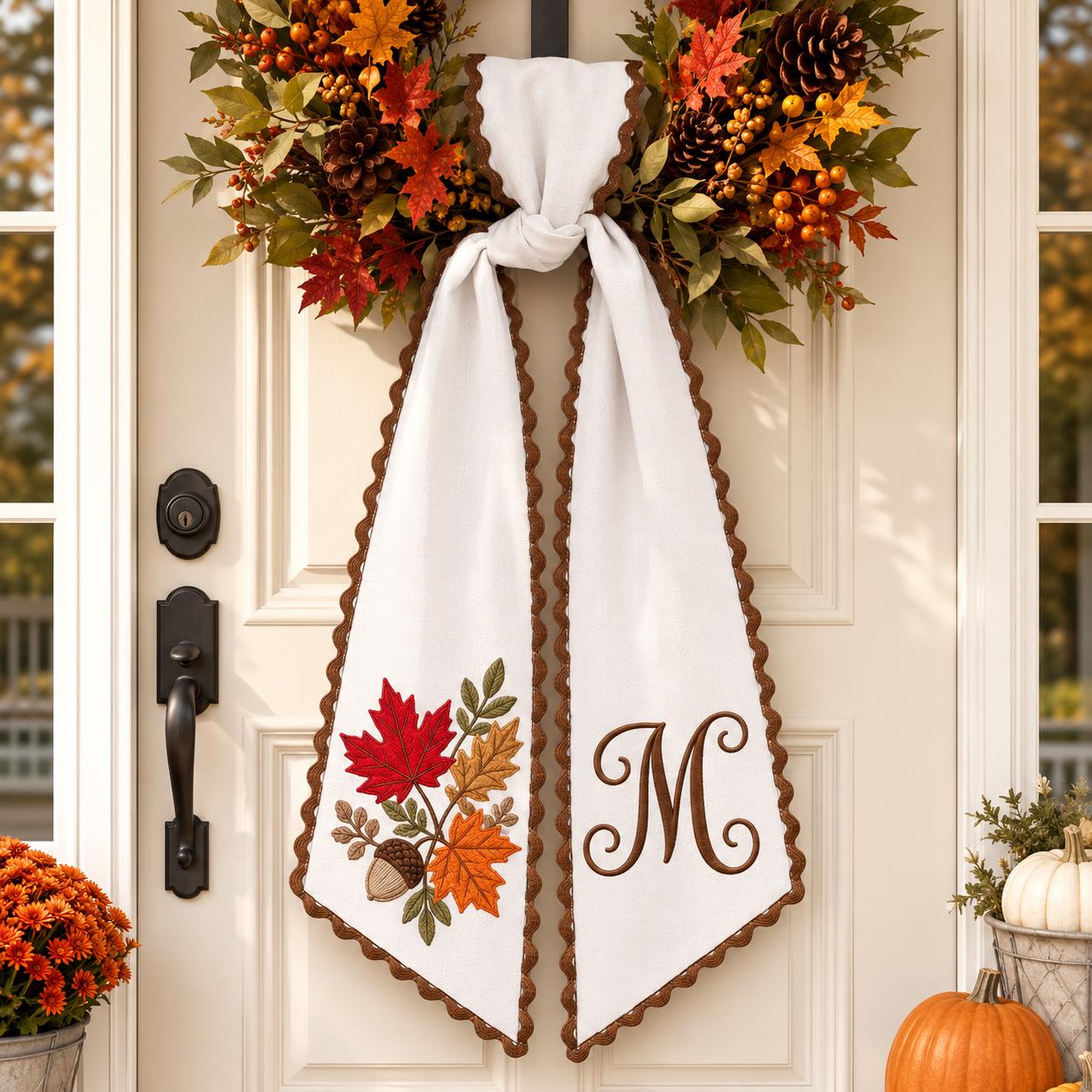 Personalized Monogram Embroidered Autumn Leaf Fall Wreath Sash Door Bow โ Gingham Ric Rac Front Porch Decor and Harvest Housewarming Gift