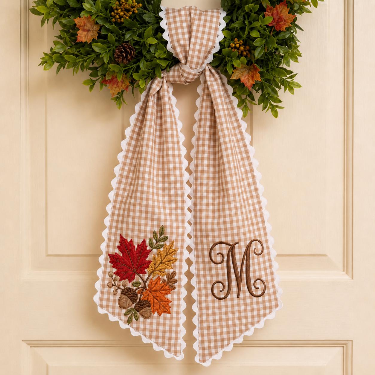 Personalized Monogram Embroidered Autumn Leaf Fall Wreath Sash Door Bow – Gingham Ric Rac Front Porch Decor and Harvest Housewarming Gift - photo 2