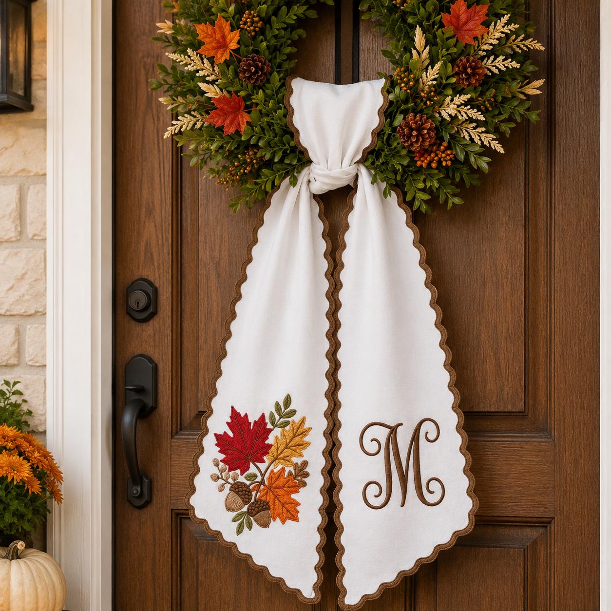 Personalized Monogram Embroidered Autumn Leaf Fall Wreath Sash Door Bow – Gingham Ric Rac Front Porch Decor and Harvest Housewarming Gift - photo 3