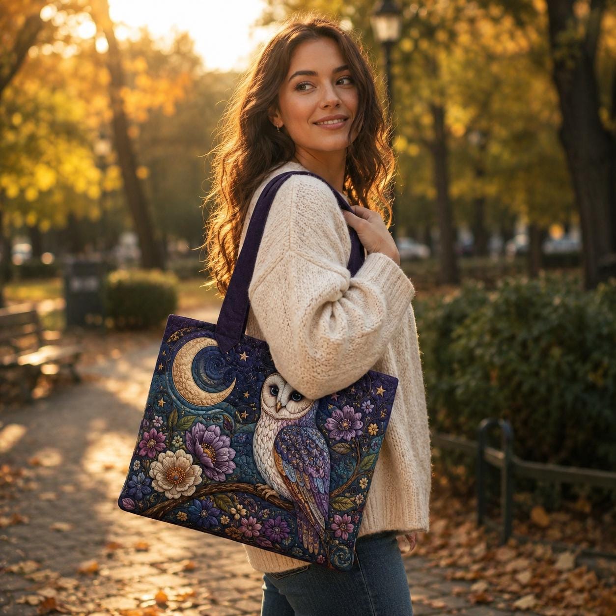 Celestial Night Owl Quilted Style Tote Bag with Moon and Floral – Witchy Gothic Cottagecore Shoulder Bag Purse Gift for Her