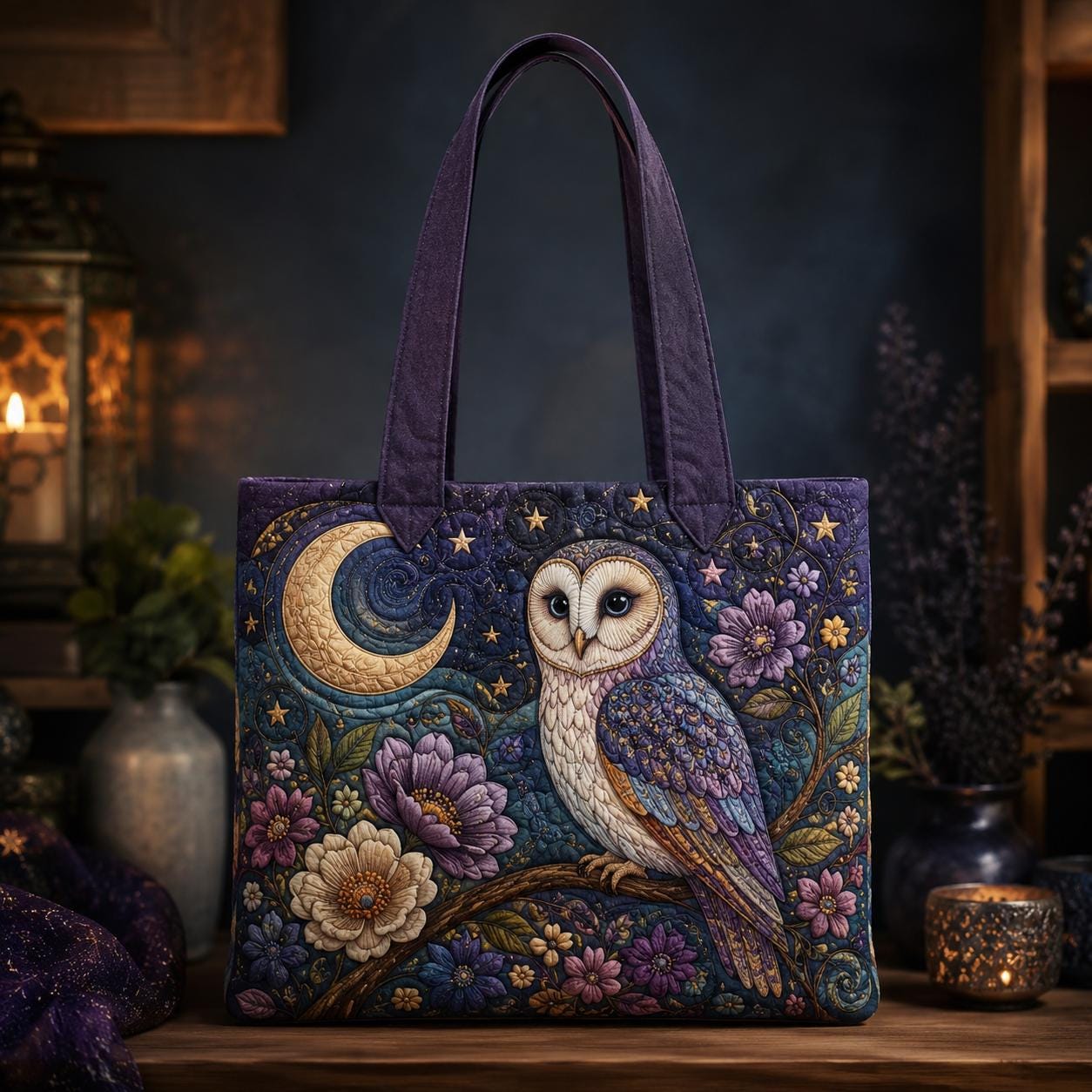 Celestial Night Owl Quilted Style Tote Bag with Moon and Floral – Witchy Gothic Cottagecore Shoulder Bag Purse Gift for Her - photo 2