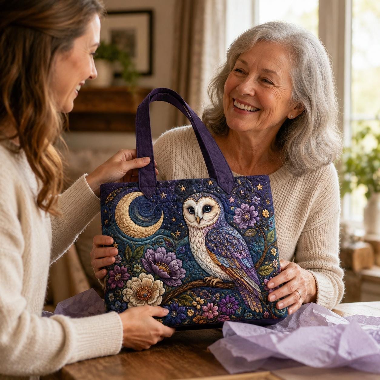 Celestial Night Owl Quilted Style Tote Bag with Moon and Floral – Witchy Gothic Cottagecore Shoulder Bag Purse Gift for Her - photo 3