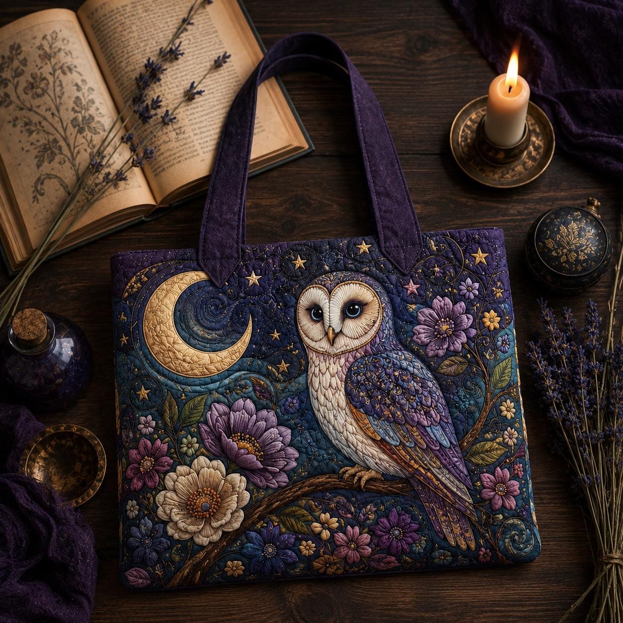 Celestial Night Owl Quilted Style Tote Bag with Moon and Floral – Witchy Gothic Cottagecore Shoulder Bag Purse Gift for Her - photo 4