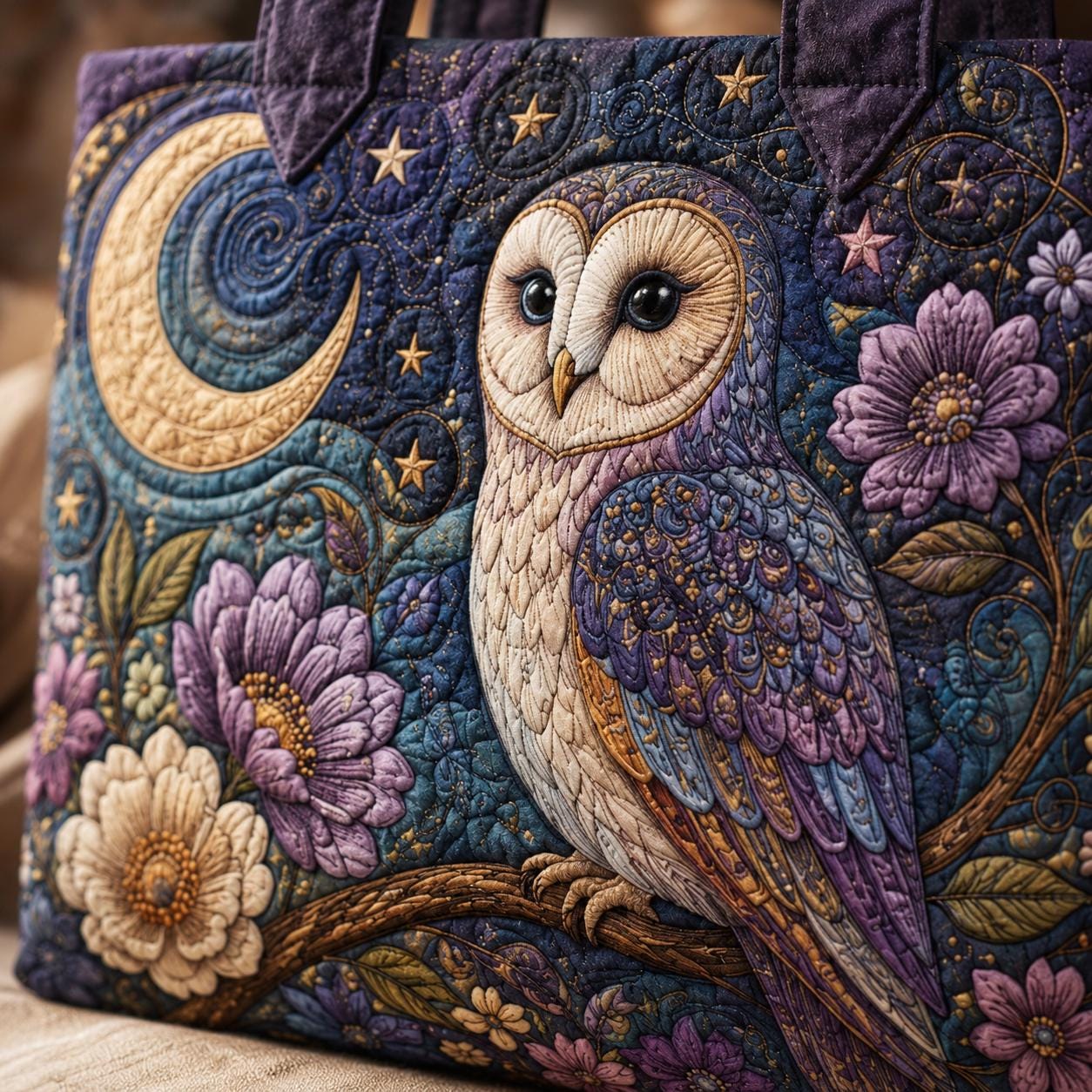 Celestial Night Owl Quilted Style Tote Bag with Moon and Floral – Witchy Gothic Cottagecore Shoulder Bag Purse Gift for Her - photo 5