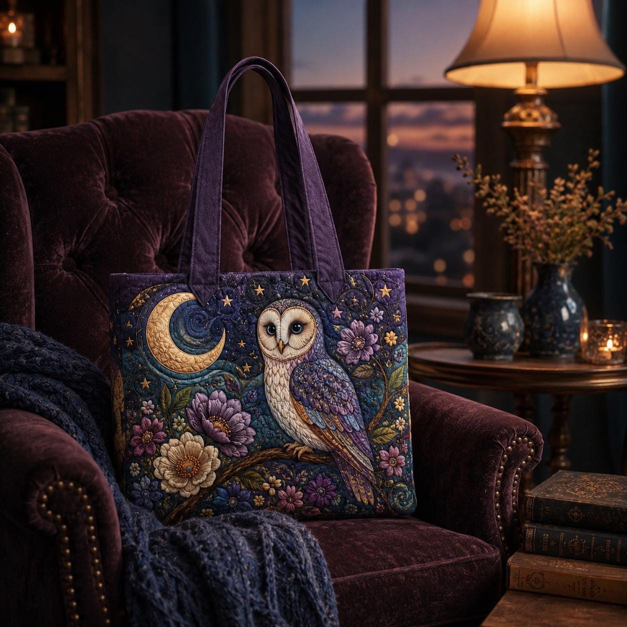 Celestial Night Owl Quilted Style Tote Bag with Moon and Floral – Witchy Gothic Cottagecore Shoulder Bag Purse Gift for Her - photo 7