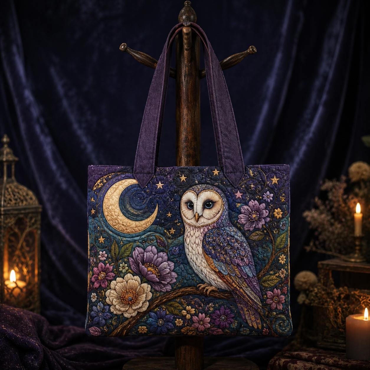 Celestial Night Owl Quilted Style Tote Bag with Moon and Floral – Witchy Gothic Cottagecore Shoulder Bag Purse Gift for Her - photo 8