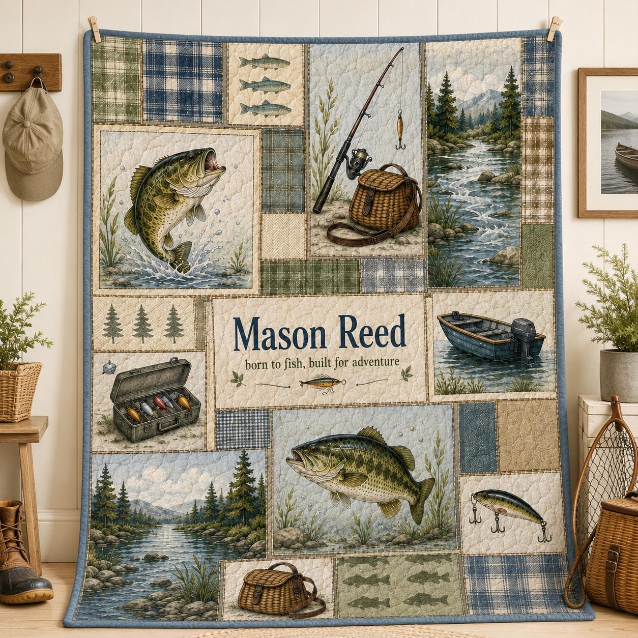 Personalized Fishing Bass Patchwork Quilt Blanket with Custom Name – Lake Cabin Decor Bedding