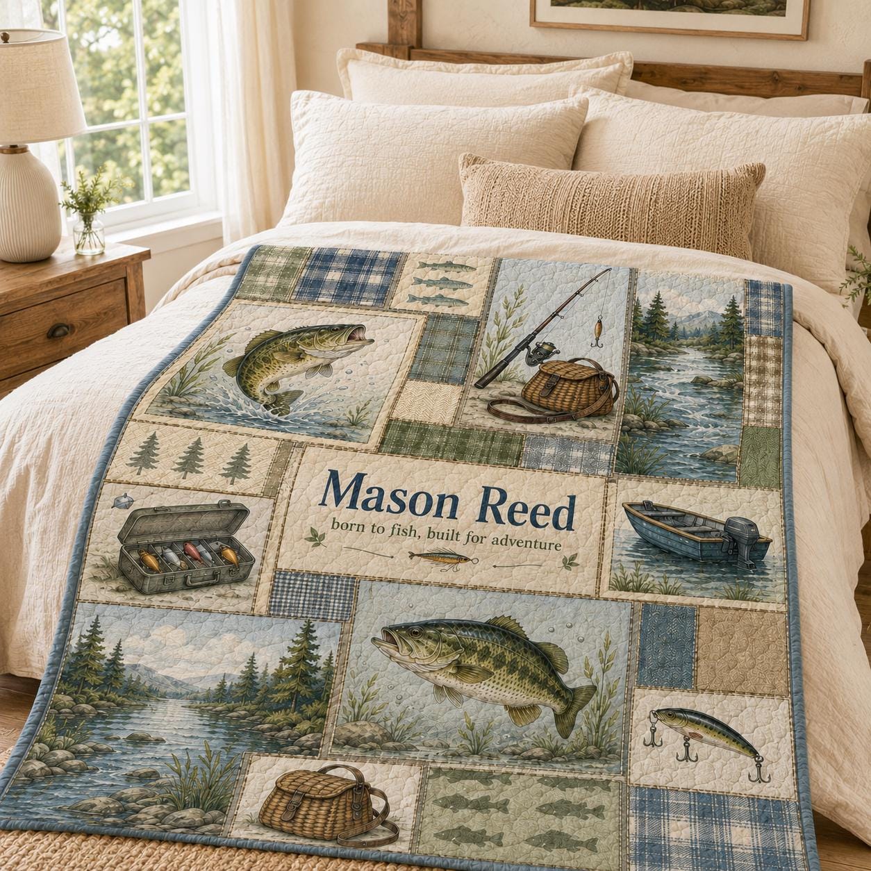 Personalized Fishing Bass Patchwork Quilt Blanket with Custom Name – Lake Cabin Decor Bedding - photo 2