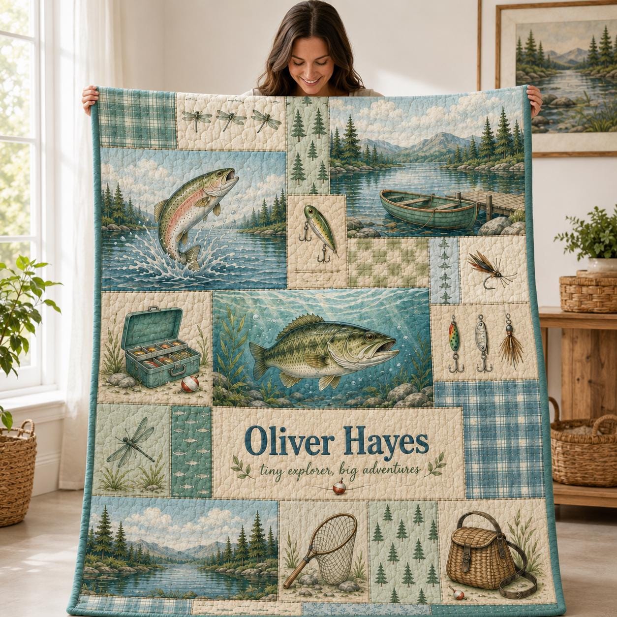 Personalized Fishing Bass Patchwork Quilt Blanket with Custom Name – Lake Cabin Decor Bedding - photo 3