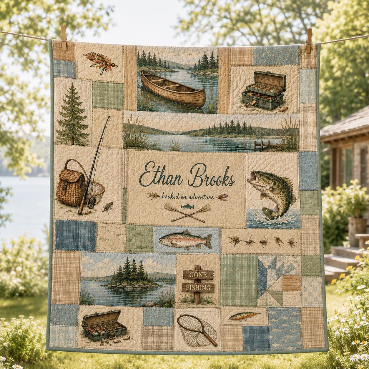 Personalized Fishing Bass Patchwork Quilt Blanket with Custom Name – Lake Cabin Decor Bedding - photo 6