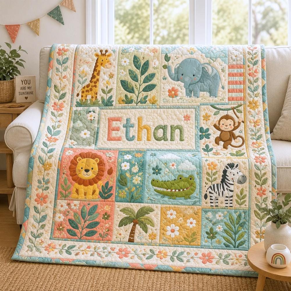 Personalized Safari Animals Quilted Style Blankets with Custom Baby Name Woodland Animal Blanket for Forest Nursery Bedding