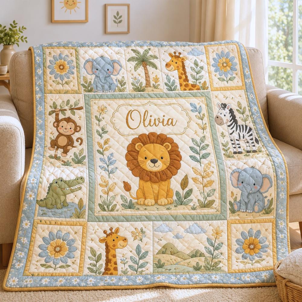 Personalized Safari Animals Quilted Style Blankets with Custom Baby Name Woodland Animal Blanket for Forest Nursery Bedding - photo 2