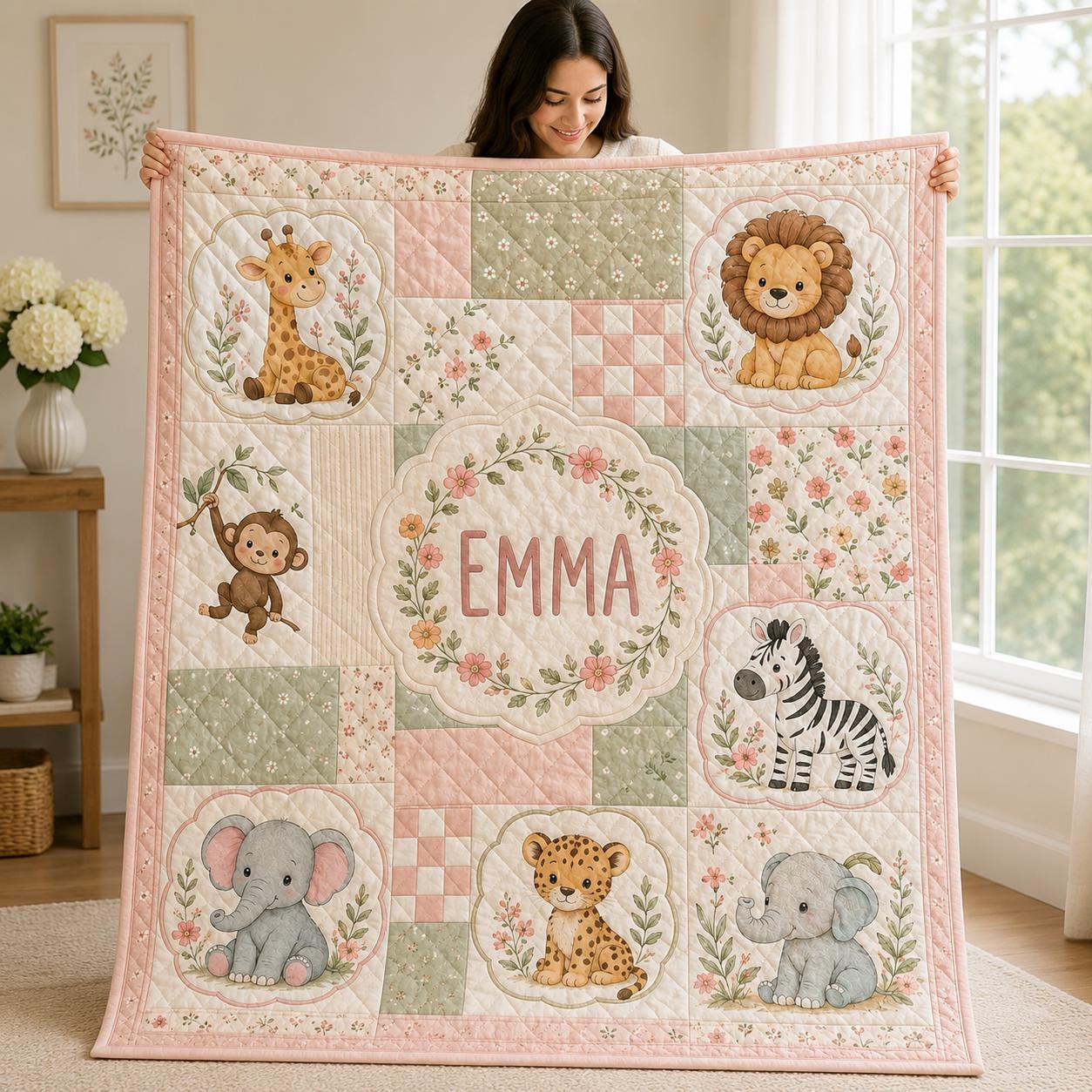 Personalized Safari Animals Quilted Style Blankets with Custom Baby Name Woodland Animal Blanket for Forest Nursery Bedding - photo 3