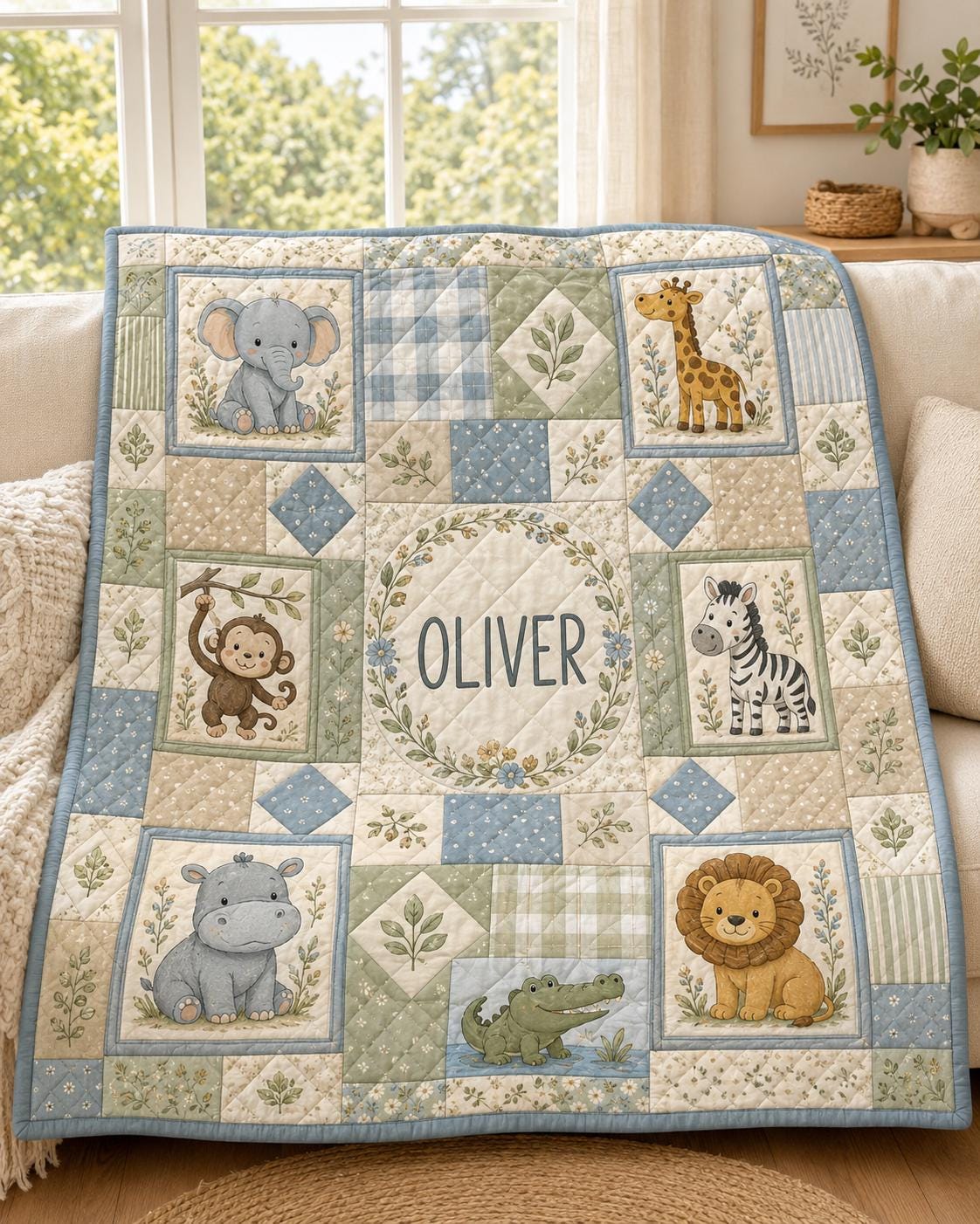 Personalized Safari Animals Quilted Style Blankets with Custom Baby Name Woodland Animal Blanket for Forest Nursery Bedding - photo 6