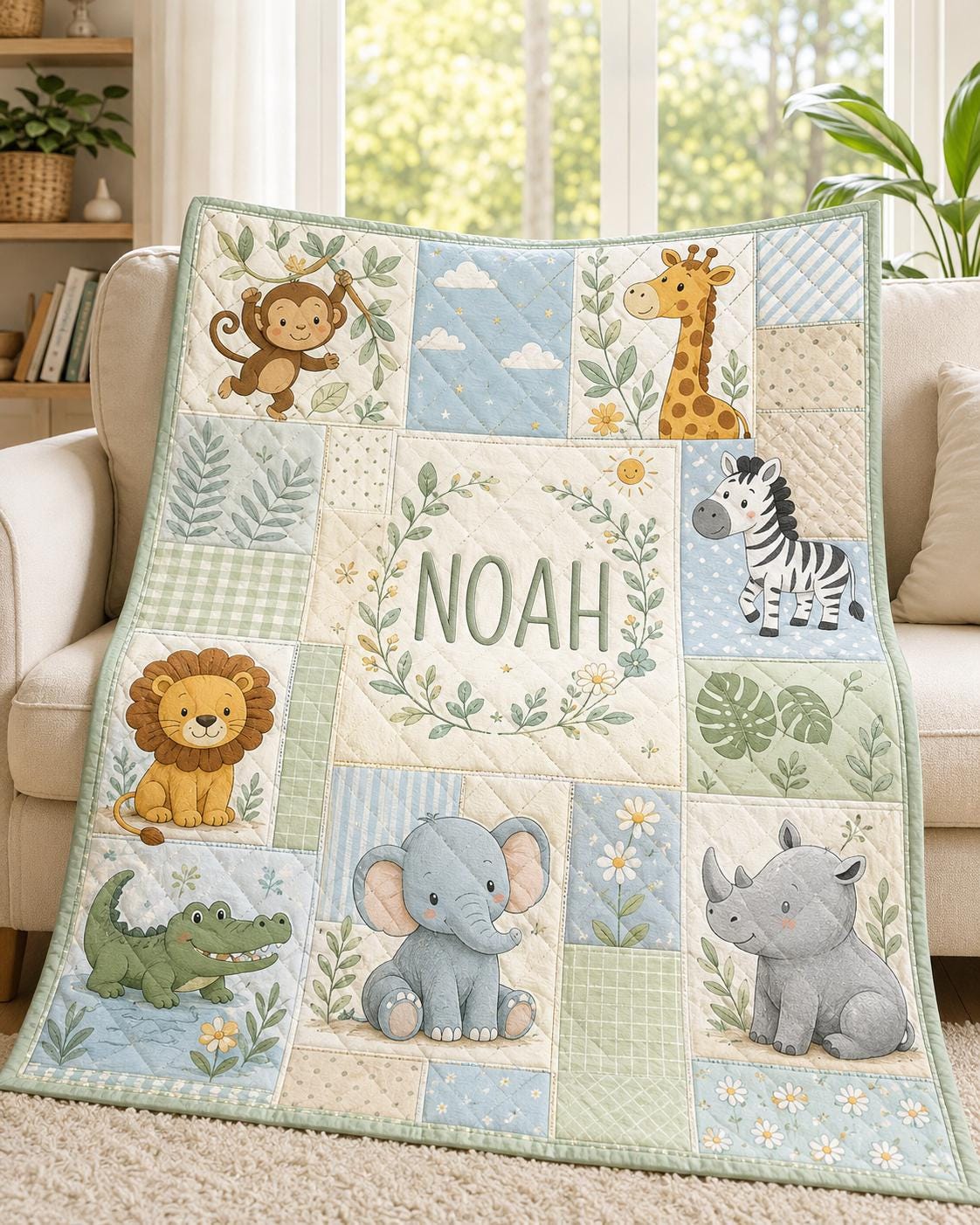 Personalized Safari Animals Quilted Style Blankets with Custom Baby Name Woodland Animal Blanket for Forest Nursery Bedding - photo 7