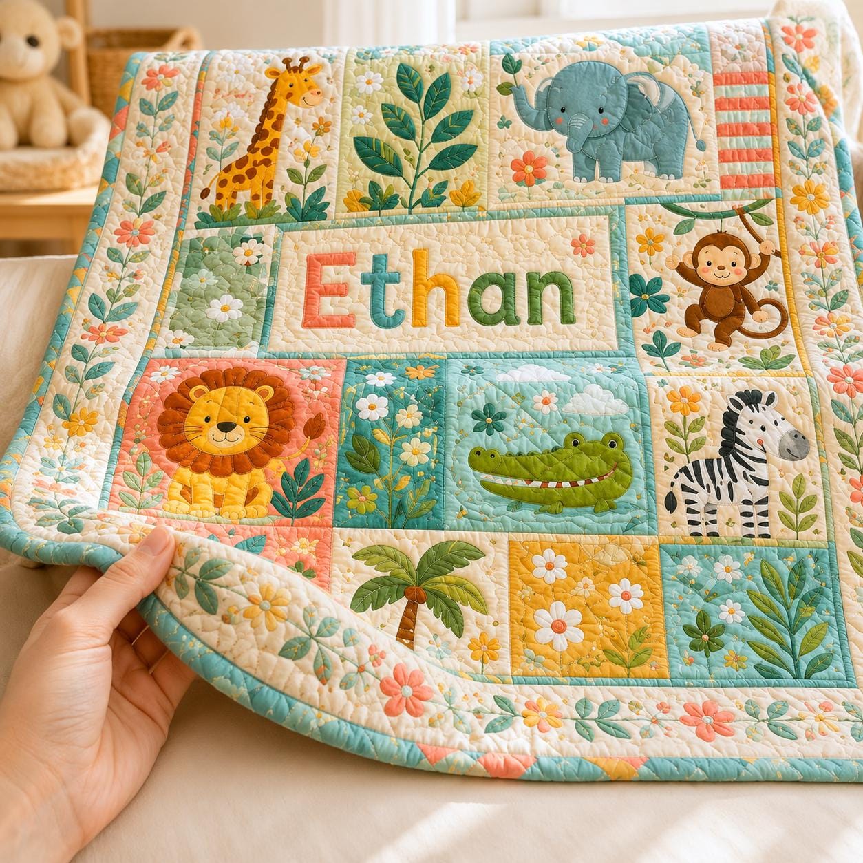 Personalized Safari Animals Quilted Style Blankets with Custom Baby Name Woodland Animal Blanket for Forest Nursery Bedding - photo 8