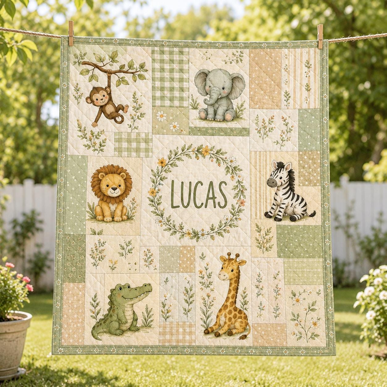 Personalized Safari Animals Quilted Style Blankets with Custom Baby Name Woodland Animal Blanket for Forest Nursery Bedding - photo 9
