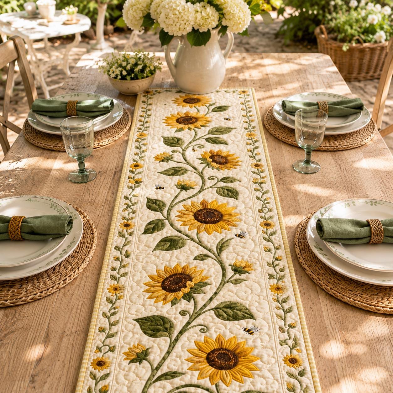 Sunflower and Honeybee Gingham Table Runner Topper – Farmhouse Summer Centerpiece Kitchen Decor and Autumn Harvest