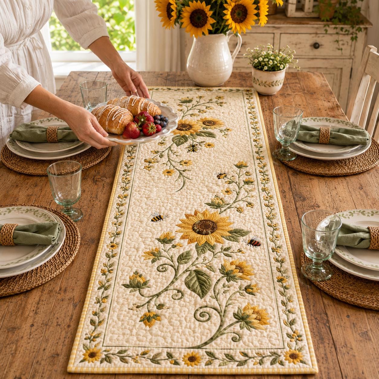 Sunflower and Honeybee Gingham Table Runner Topper – Farmhouse Summer Centerpiece Kitchen Decor and Autumn Harvest - photo 2