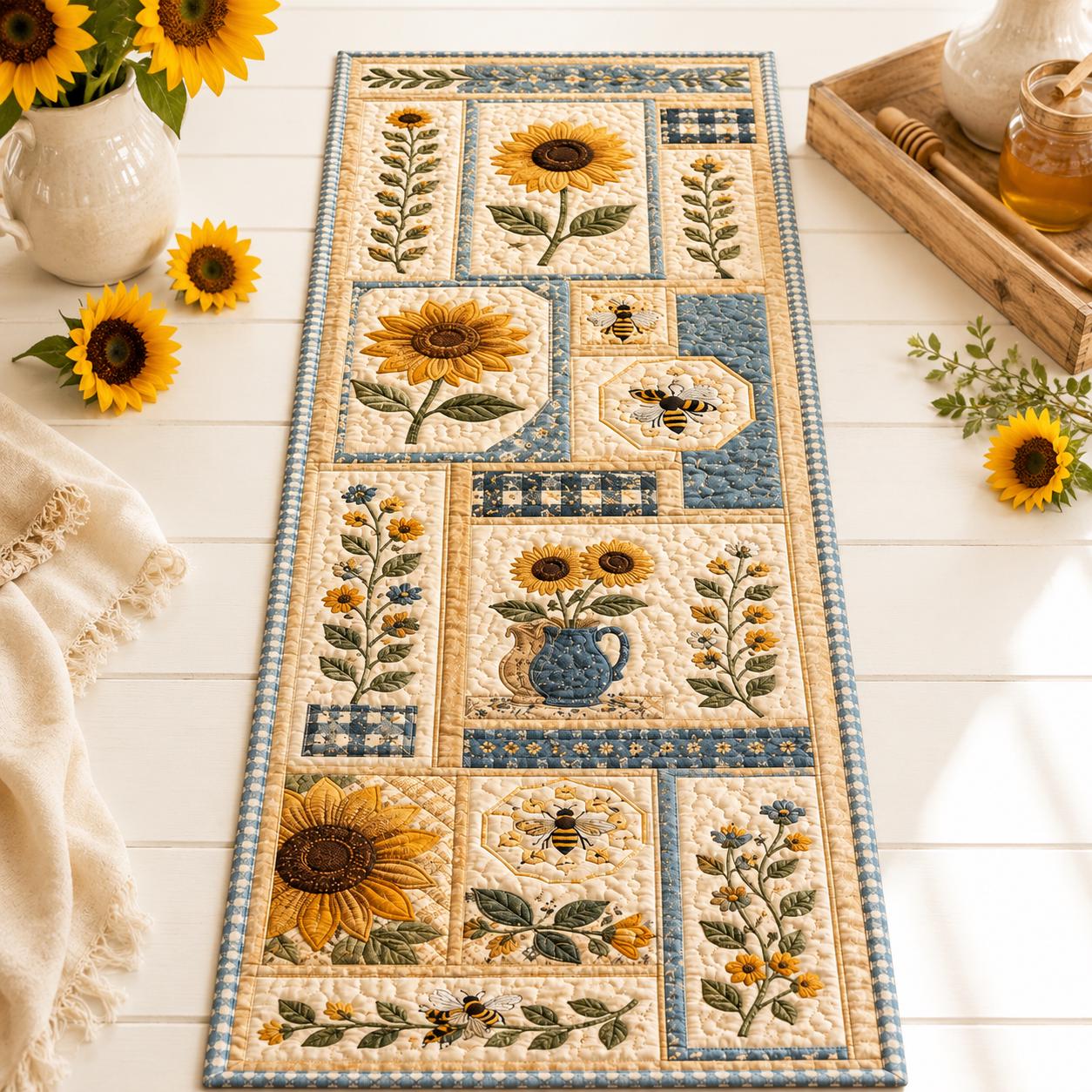Sunflower and Honeybee Gingham Table Runner Topper – Farmhouse Summer Centerpiece Kitchen Decor and Autumn Harvest - photo 3