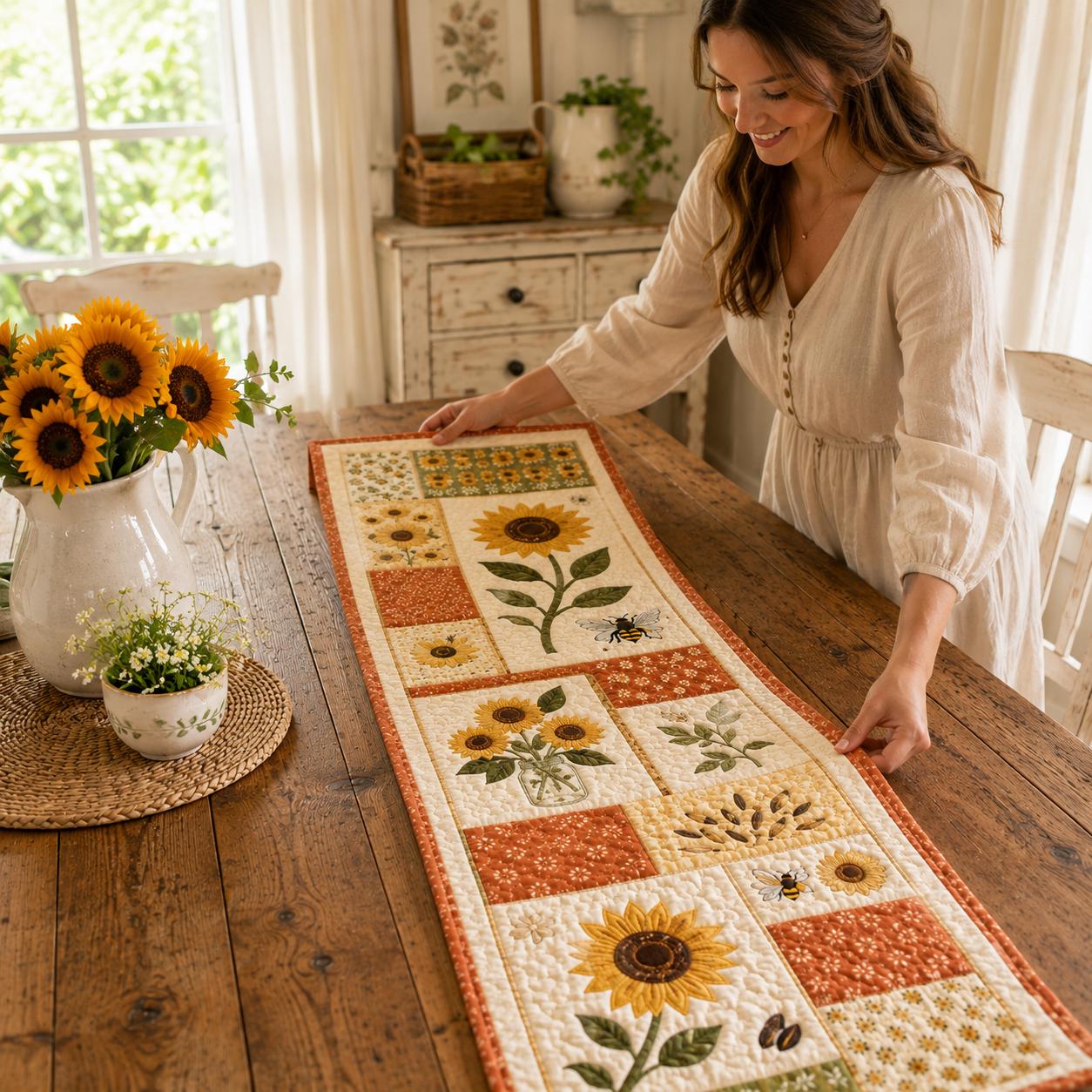 Sunflower and Honeybee Gingham Table Runner Topper – Farmhouse Summer Centerpiece Kitchen Decor and Autumn Harvest - photo 4