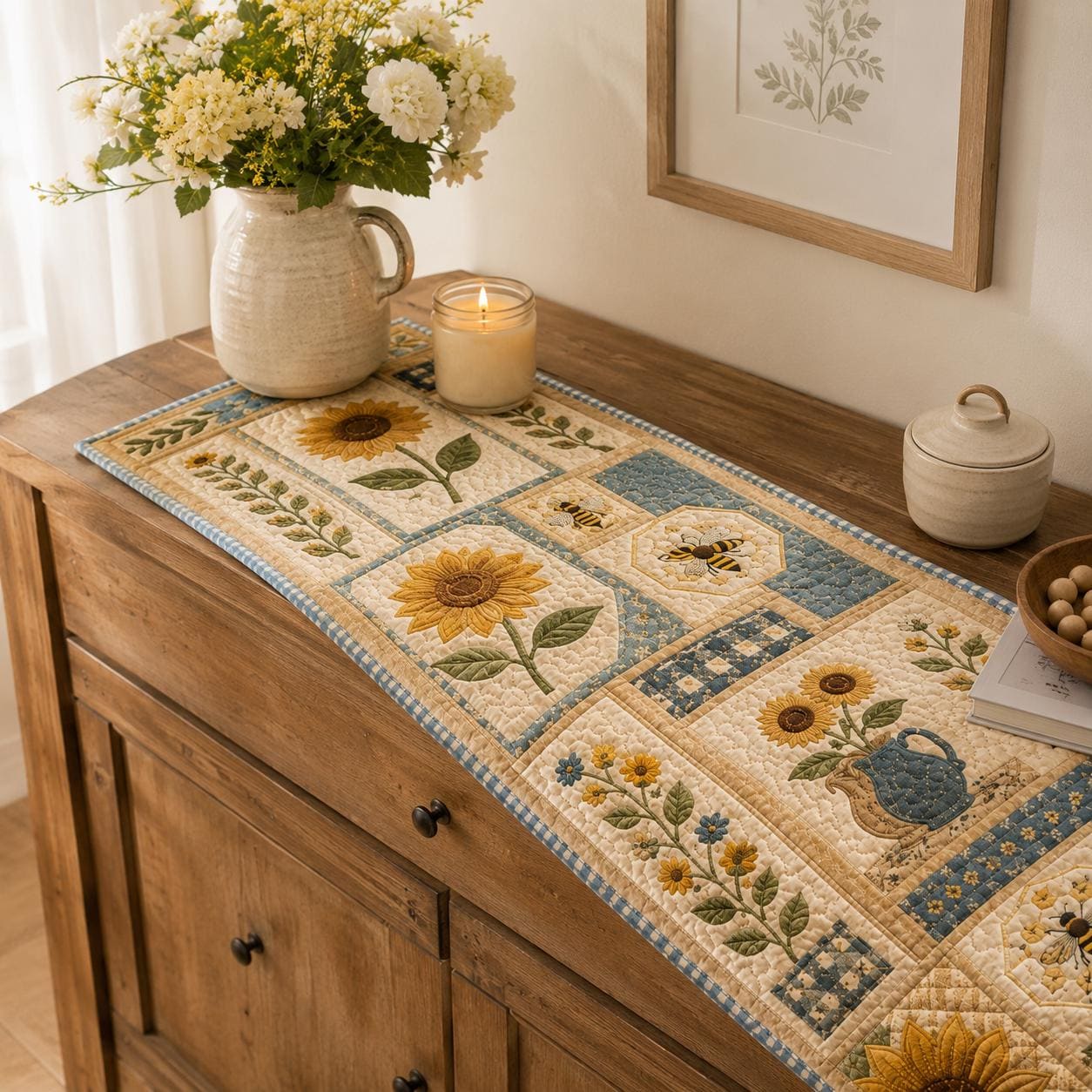 Sunflower and Honeybee Gingham Table Runner Topper – Farmhouse Summer Centerpiece Kitchen Decor and Autumn Harvest - photo 9