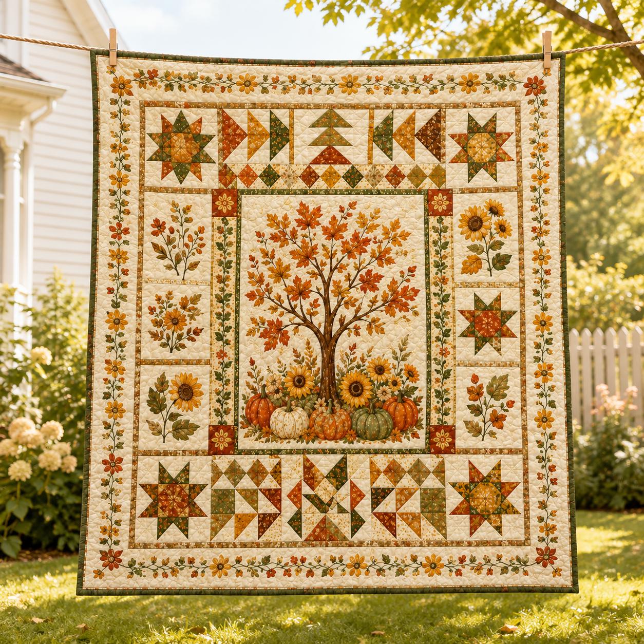 Cozy Fall Pumpkin Quilt Blanket – Rustic Cottagecore Autumn Harvest Throw Blanket and Thanksgiving Gift Decor