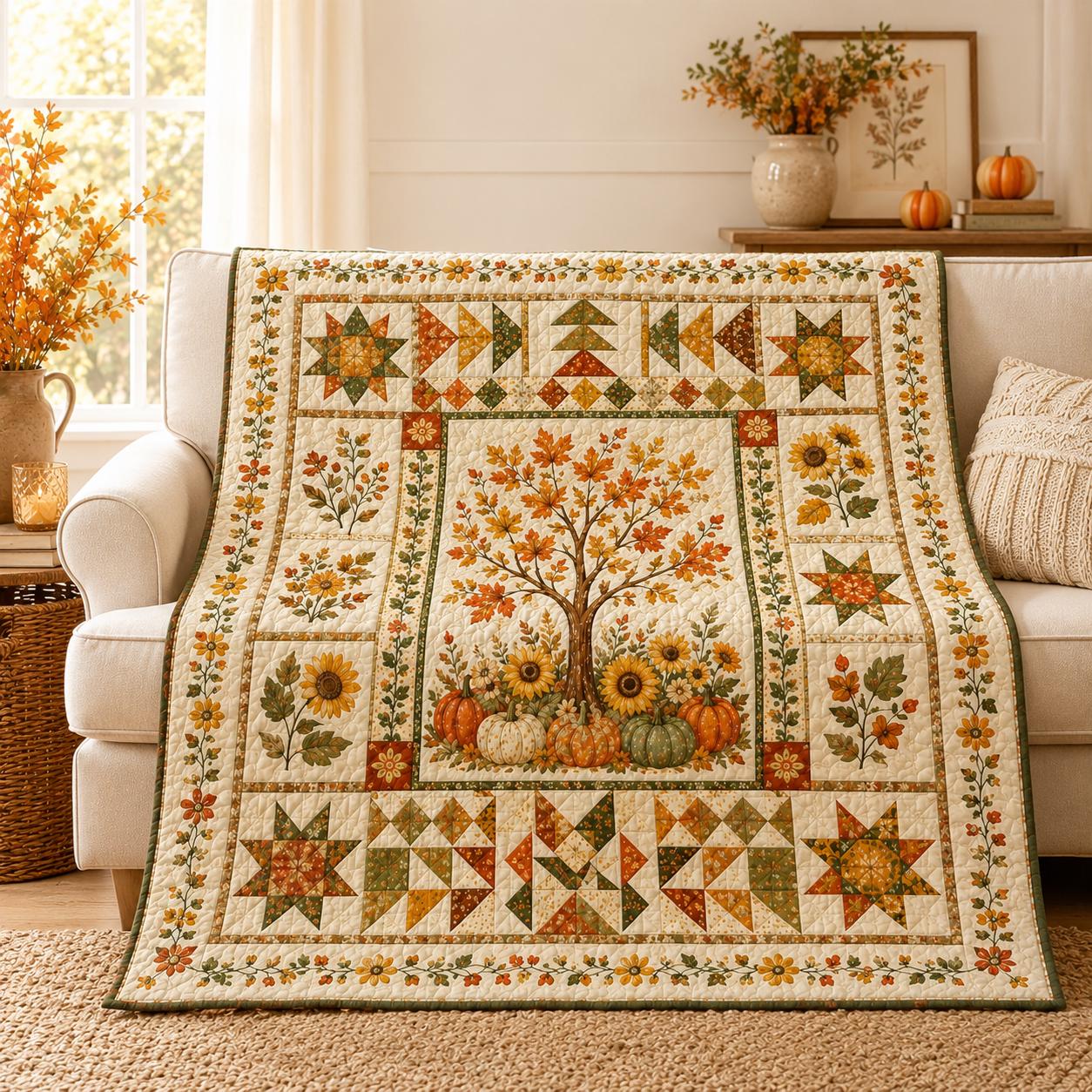 Cozy Fall Pumpkin Quilt Blanket – Rustic Cottagecore Autumn Harvest Throw Blanket and Thanksgiving Gift Decor - photo 7