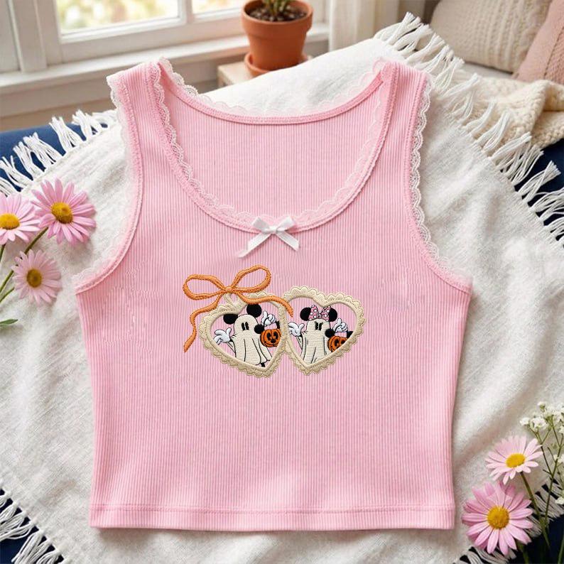Embroidered Coquette Bow Mickey and Minnie Halloween Lace Trim Tank Top – Mickey's Not So Scary WDW Disneyland Trip Baby Tee Crop Tank - photo 3