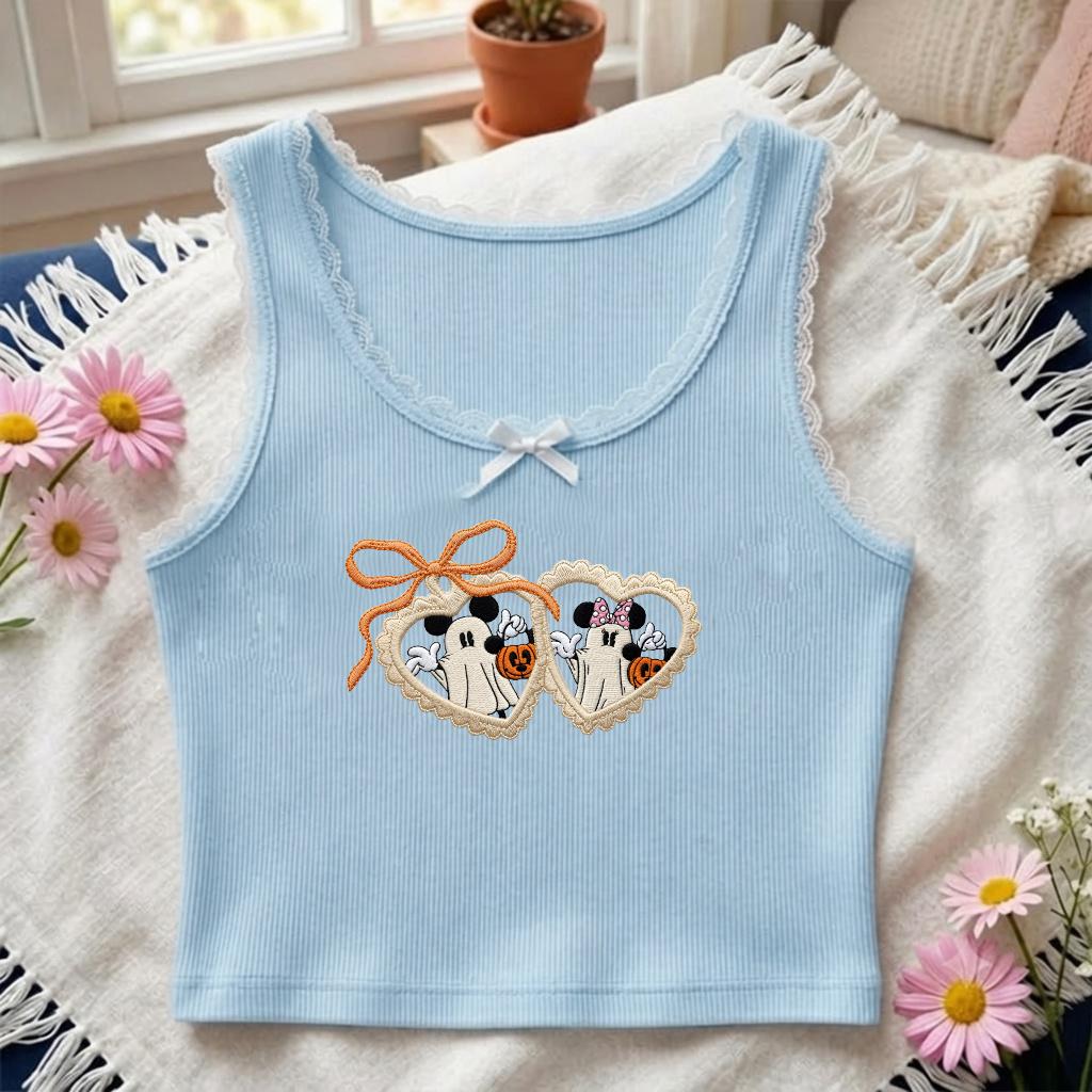 Embroidered Coquette Bow Mickey and Minnie Halloween Lace Trim Tank Top – Mickey's Not So Scary WDW Disneyland Trip Baby Tee Crop Tank - photo 4
