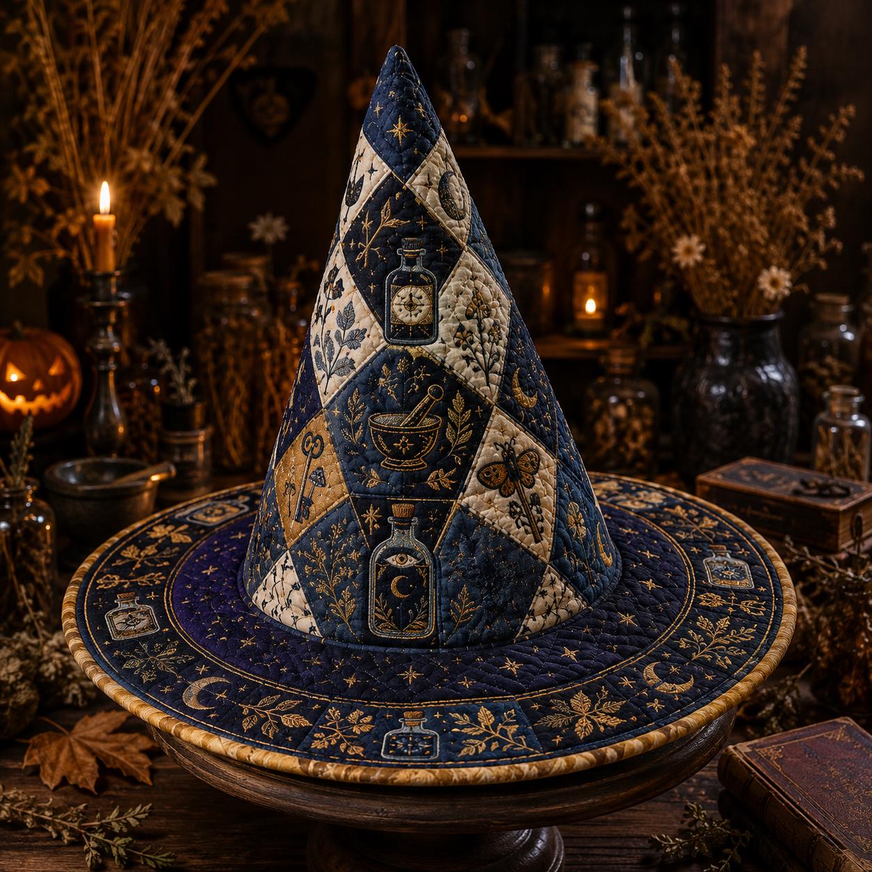 Quilted Fabric Witch Hat Centerpiece and Botanical Table Decoration – Gothic Midnight Apothecary Potion Bottle Decor for Witchcore Halloween