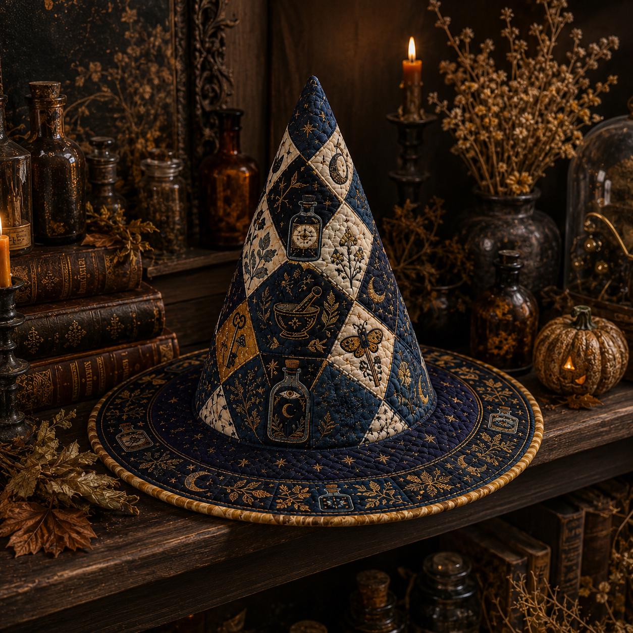 Quilted Fabric Witch Hat Centerpiece and Botanical Table Decoration – Gothic Midnight Apothecary Potion Bottle Decor for Witchcore Halloween - photo 2