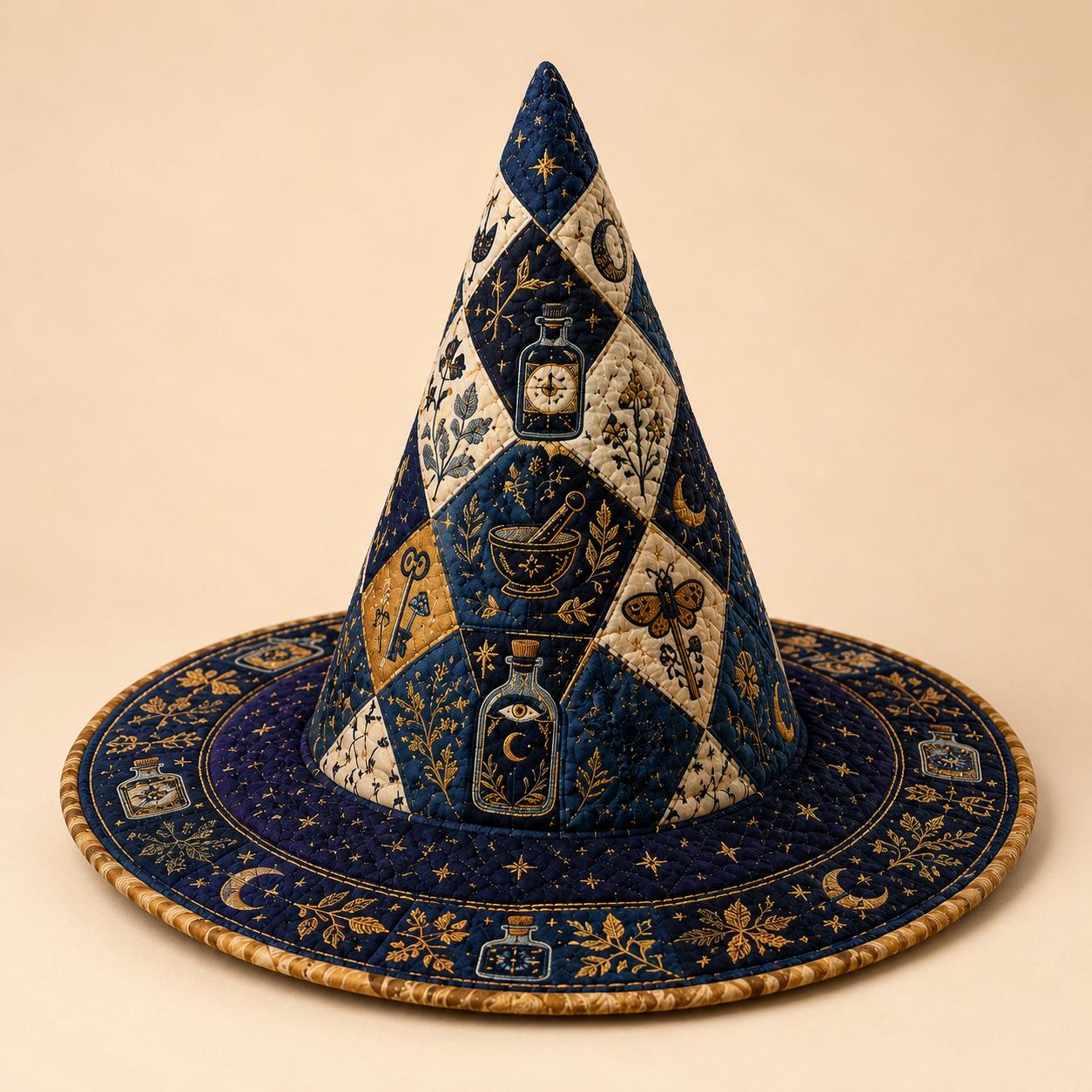 Quilted Fabric Witch Hat Centerpiece and Botanical Table Decoration – Gothic Midnight Apothecary Potion Bottle Decor for Witchcore Halloween - photo 3
